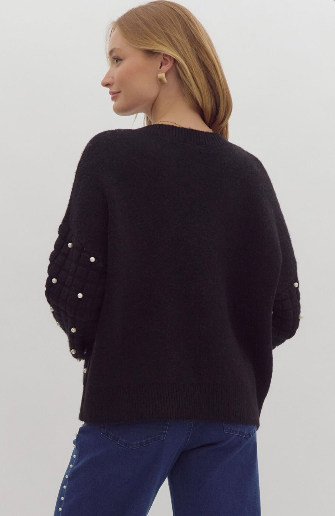 Black Round Neck Knit Sweater with Pearl and White Bow Details