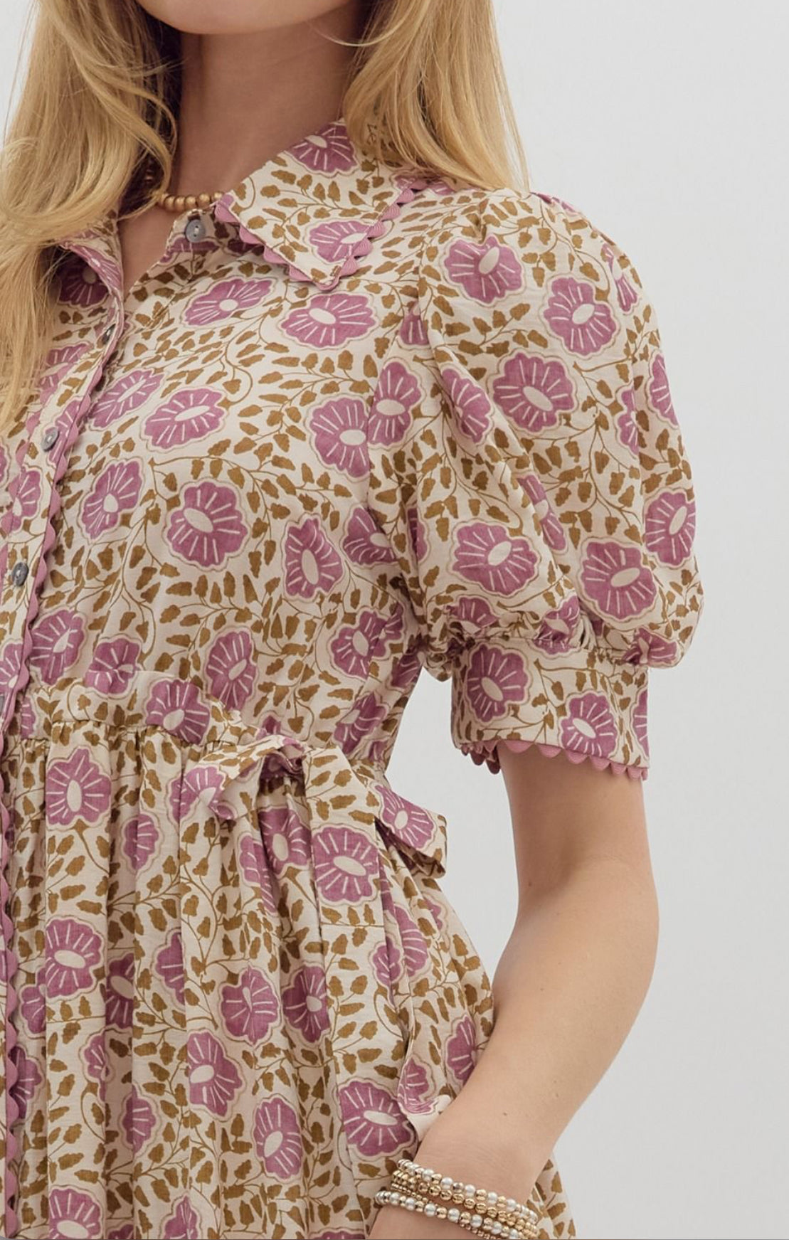Purple Floral Midi Dress w/ Front Button Closure