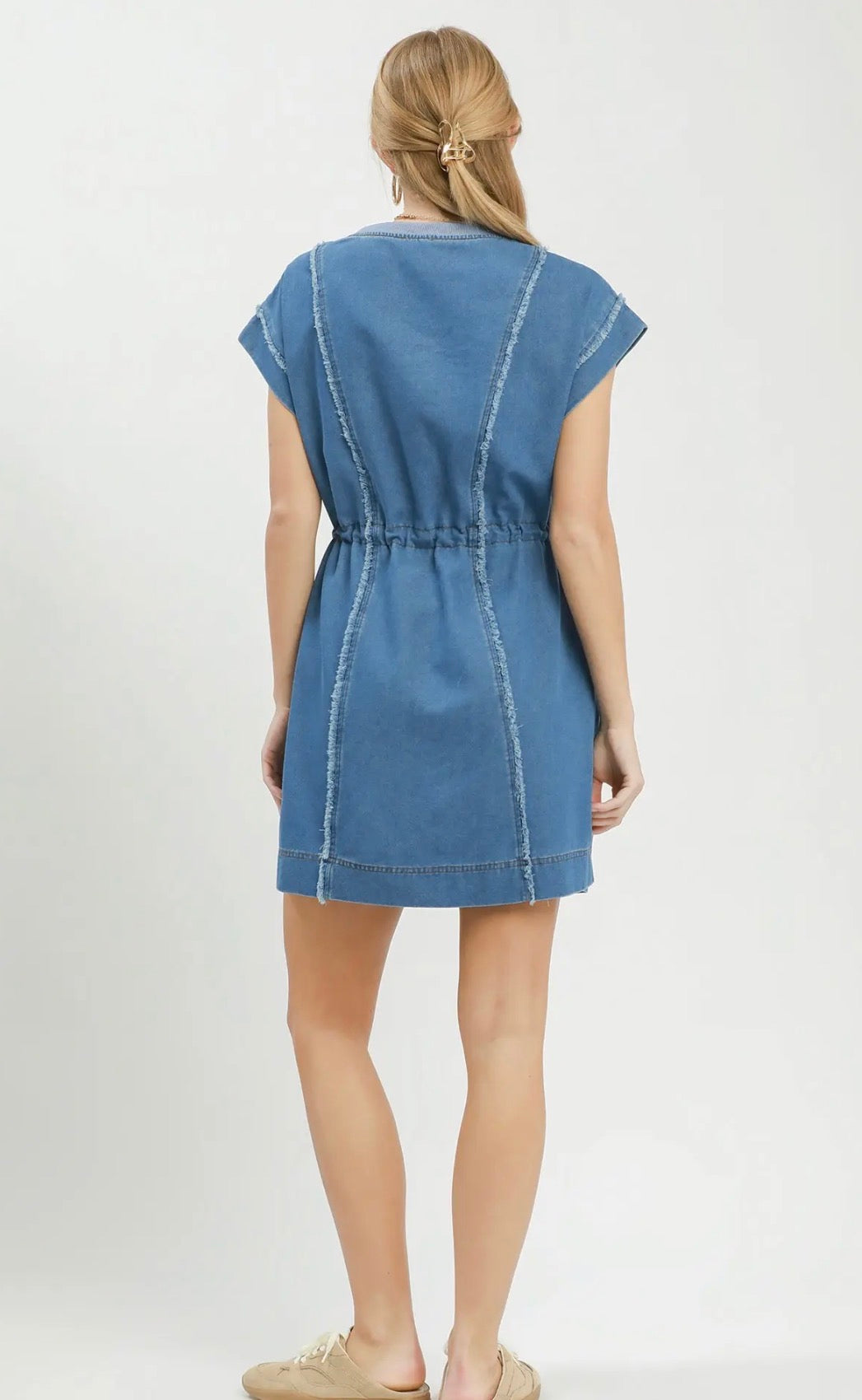 Lt. Denim- Drawstring Waist Frayed Denim Mini Dress