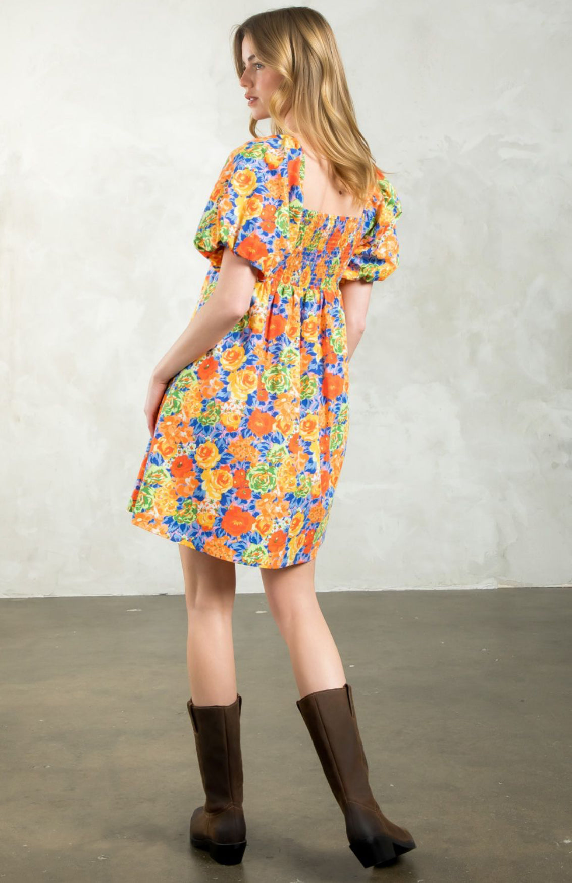 Rose Print Puff Sleeve Dress