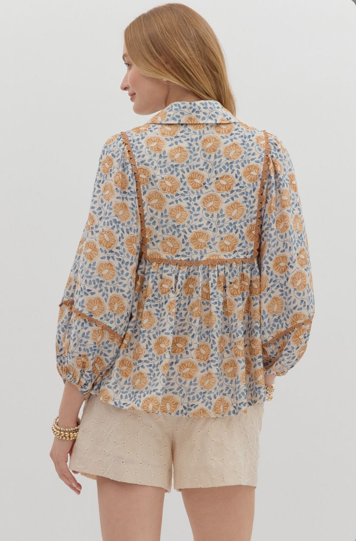 Camel Floral Print Top w/ Long Lantern Sleeve