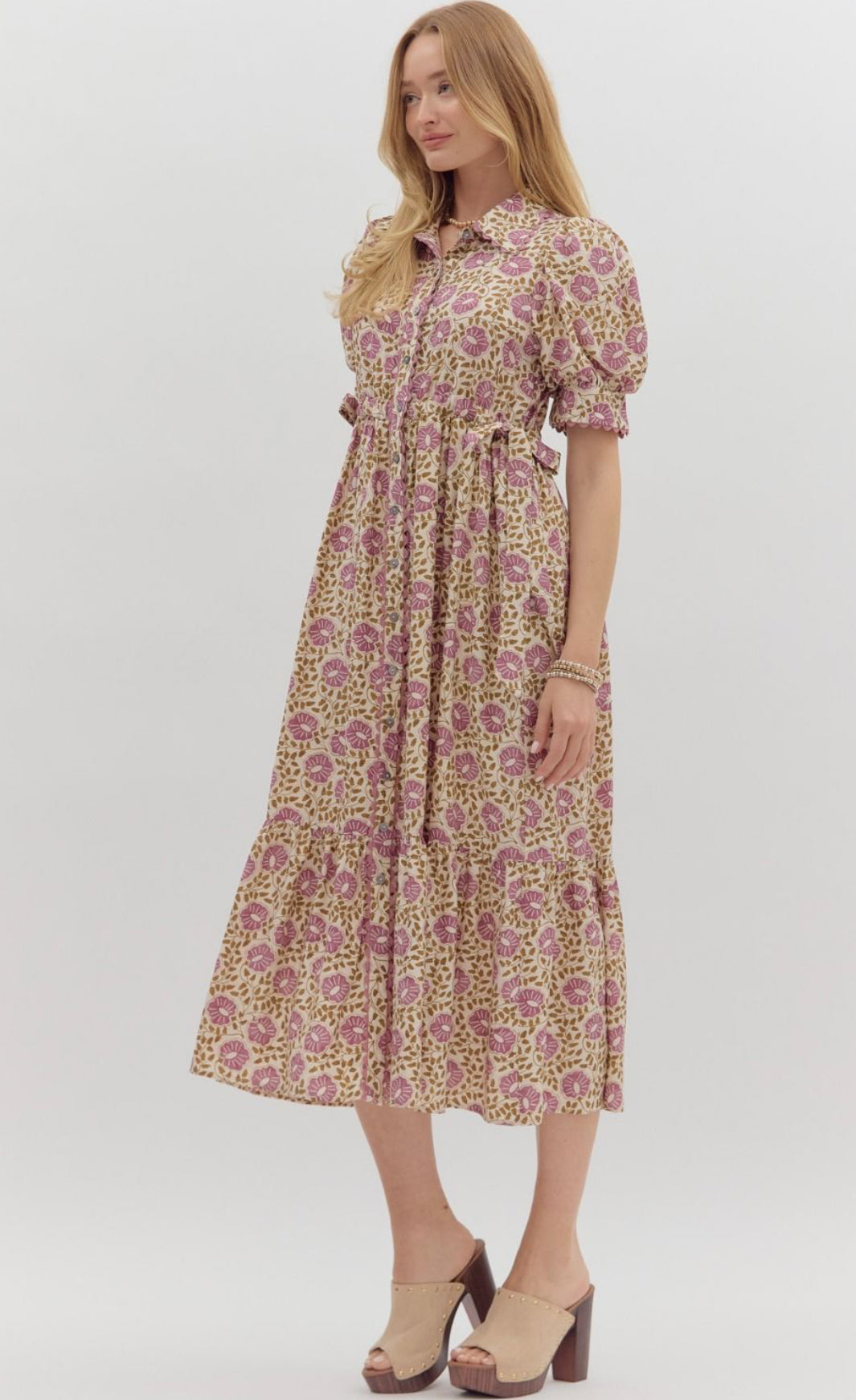 Purple Floral Midi Dress w/ Front Button Closure