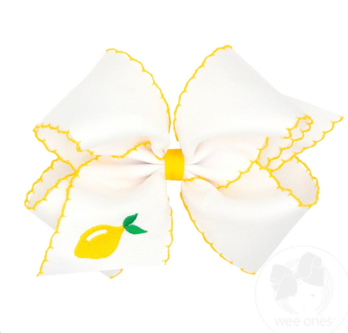 King Lemon Embroidered Moonstitch Edge Hair Bow 6.25” x 5”