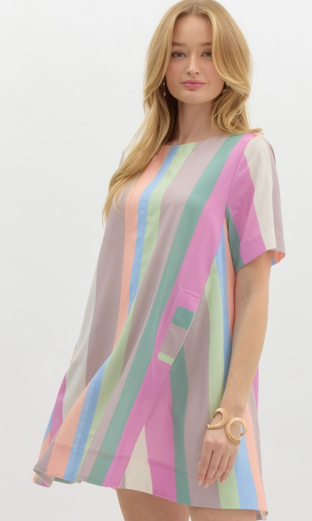 Pastel Multicolored Striped Round Neck Mini Swing Dress . With Pockets.