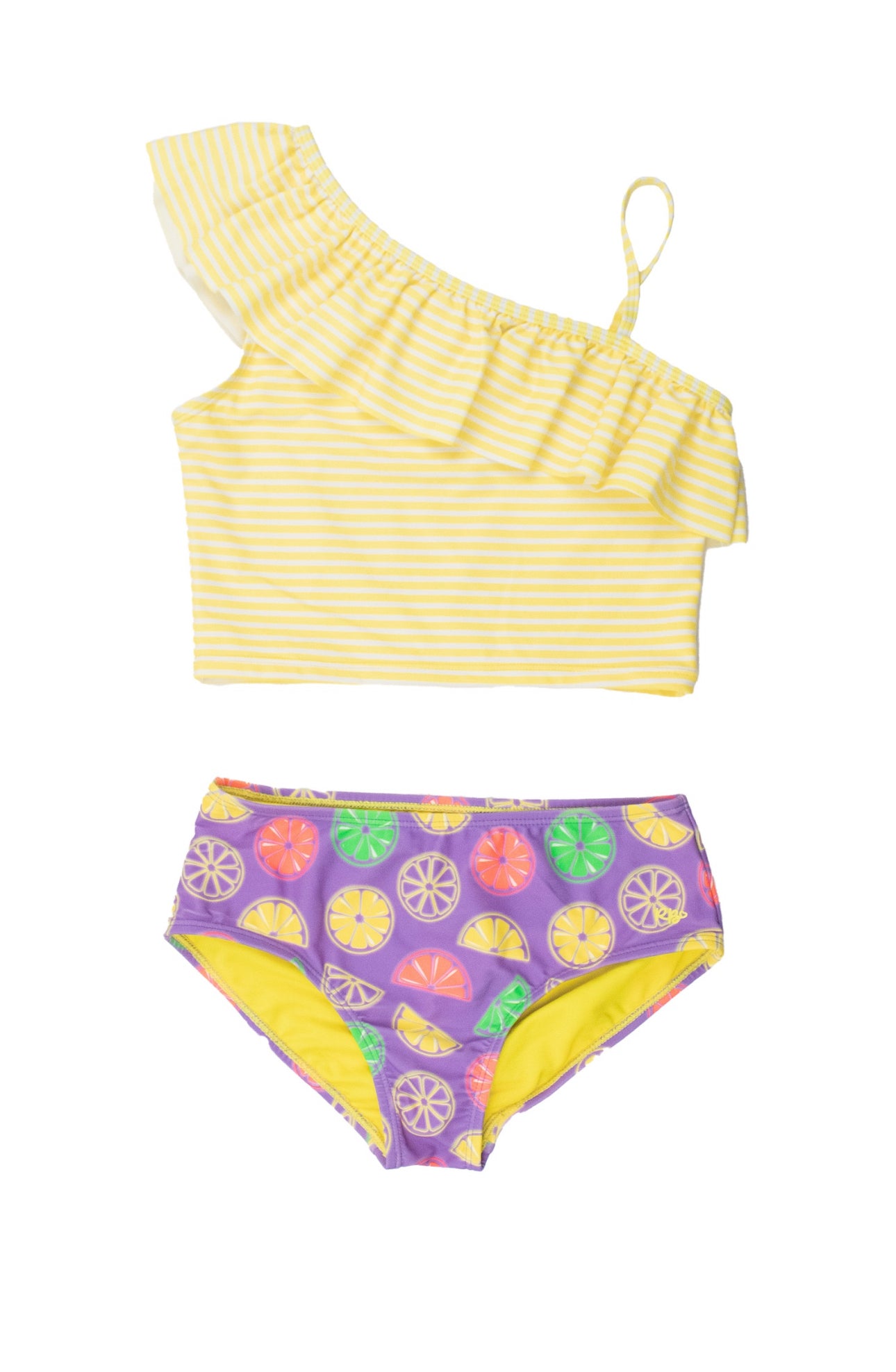 One Shoulder Ruffle Tankini-Neon Purple Citrus