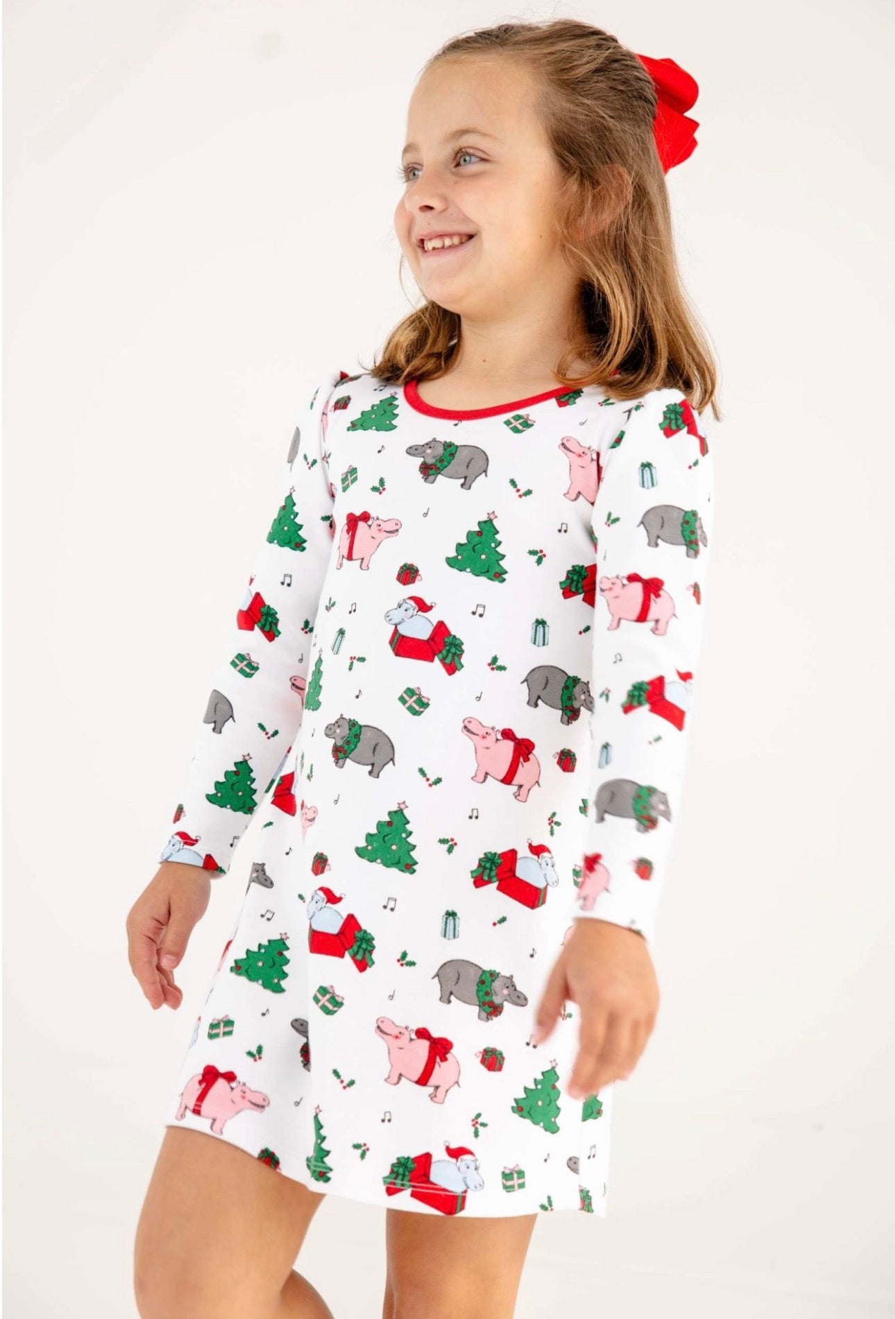 Long Sleeve Penny’s Play Dress-Heavy Weight-I Want a Hippopotamus/Richmond Red