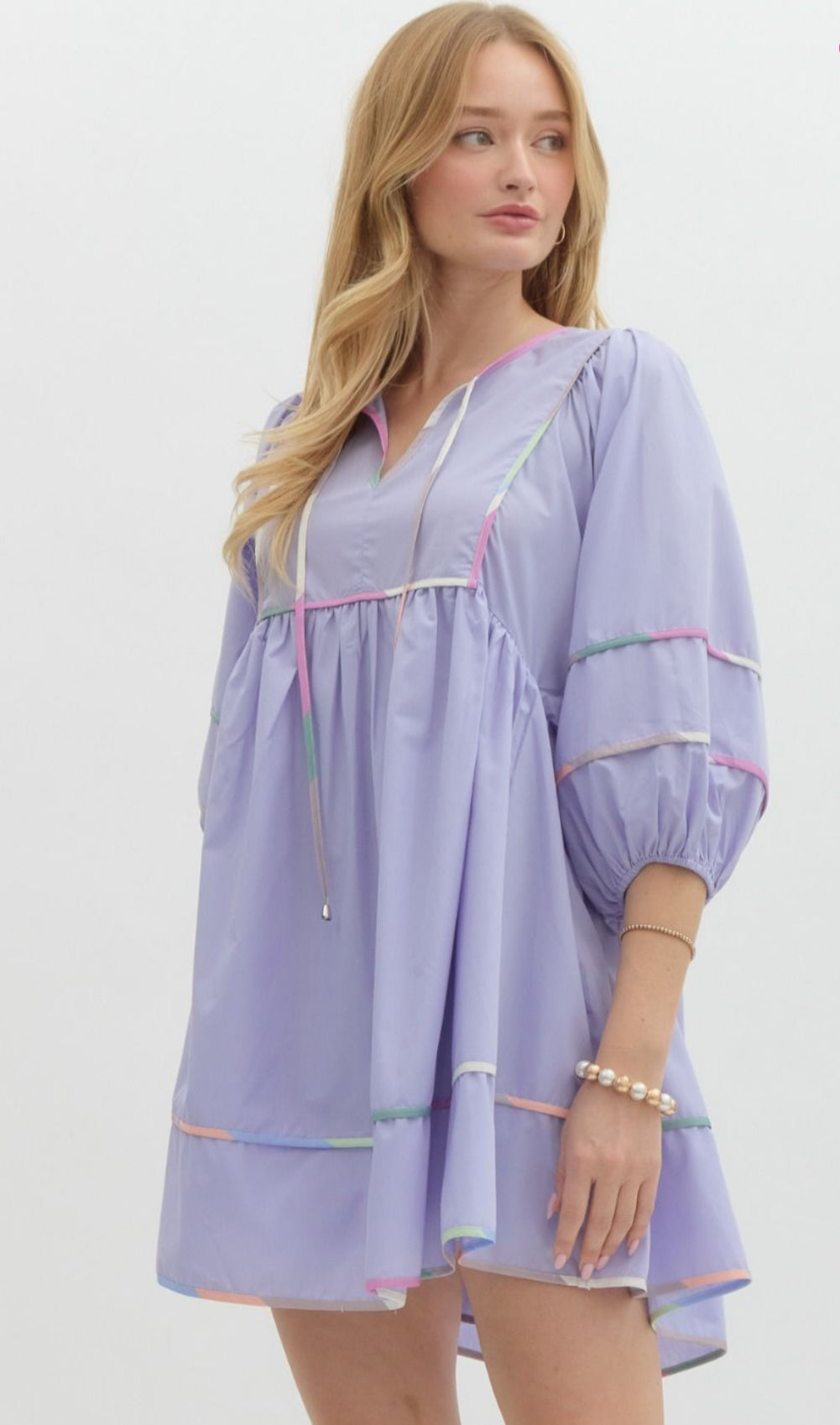 Periwinkle Solid Split V-Neck Mini Dress, Accented Multicolor Binding Over Seems. Pockets.