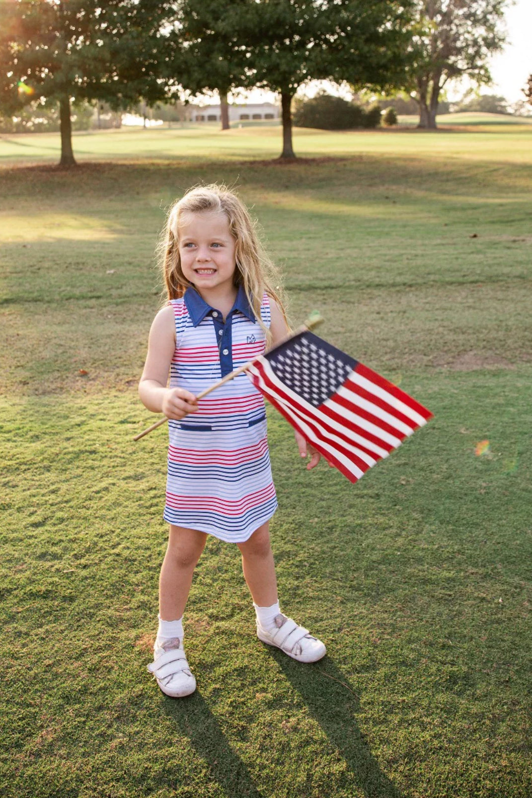 Girls’ Sleeveless Pro Performance Polo Dress in American Stripe