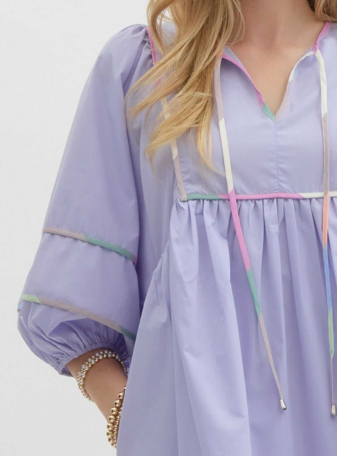Periwinkle Solid Split V-Neck Mini Dress, Accented Multicolor Binding Over Seems. Pockets.