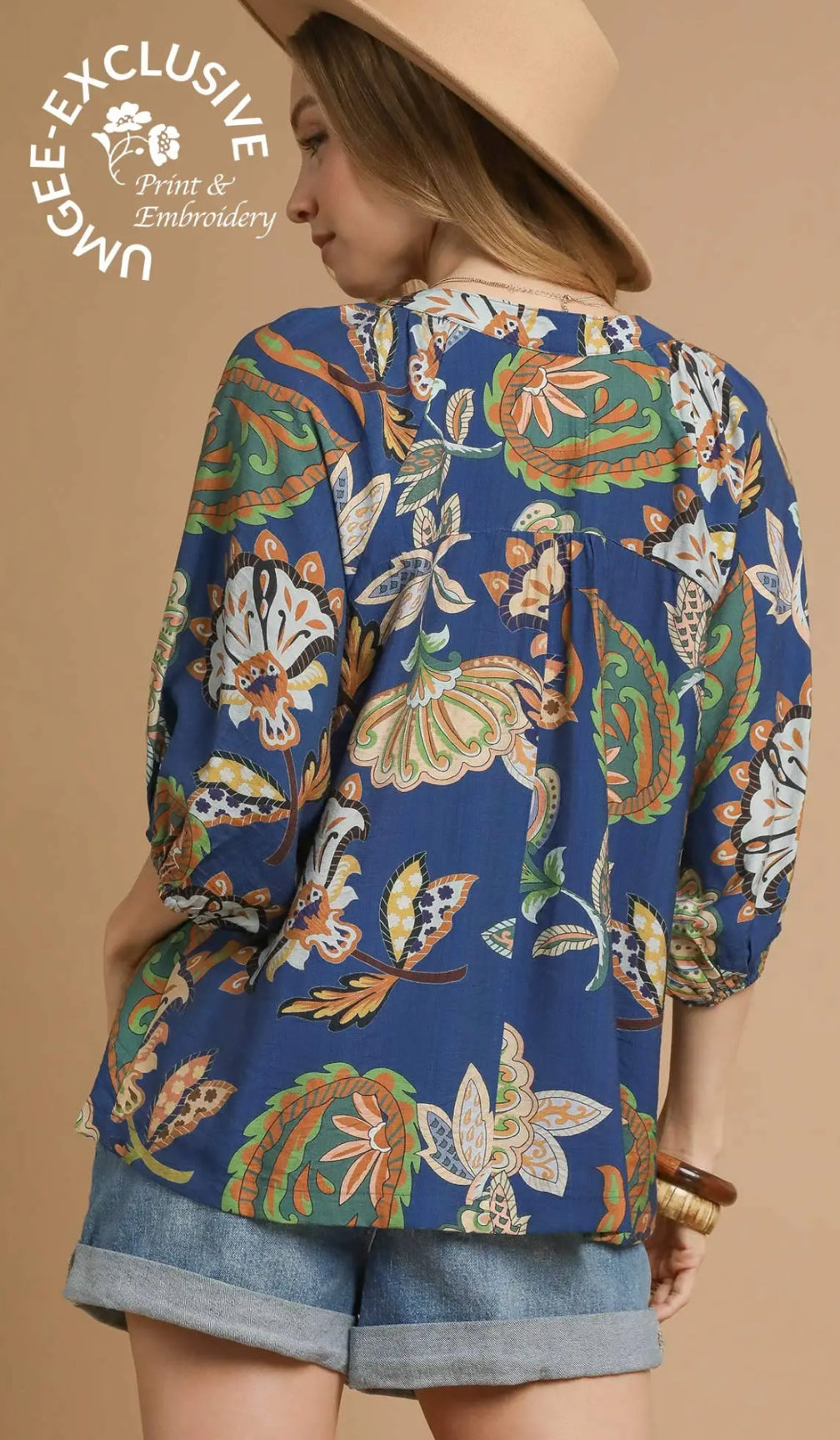 Navy- Boho Paisley Puff Sleeve Blouse