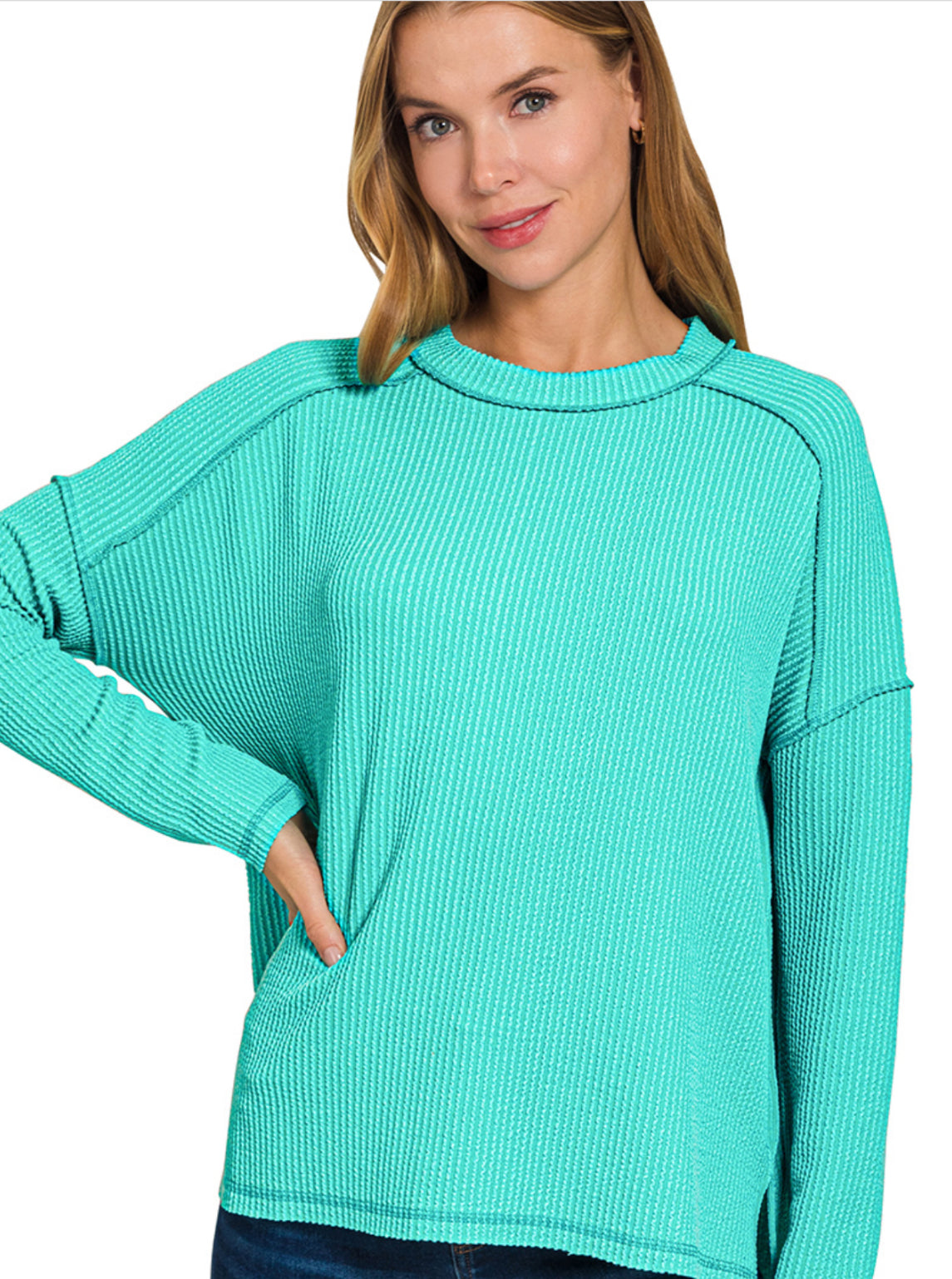 Raised Rib Raw Edge Boat
Neck Long Sleeve Top- Turquoise