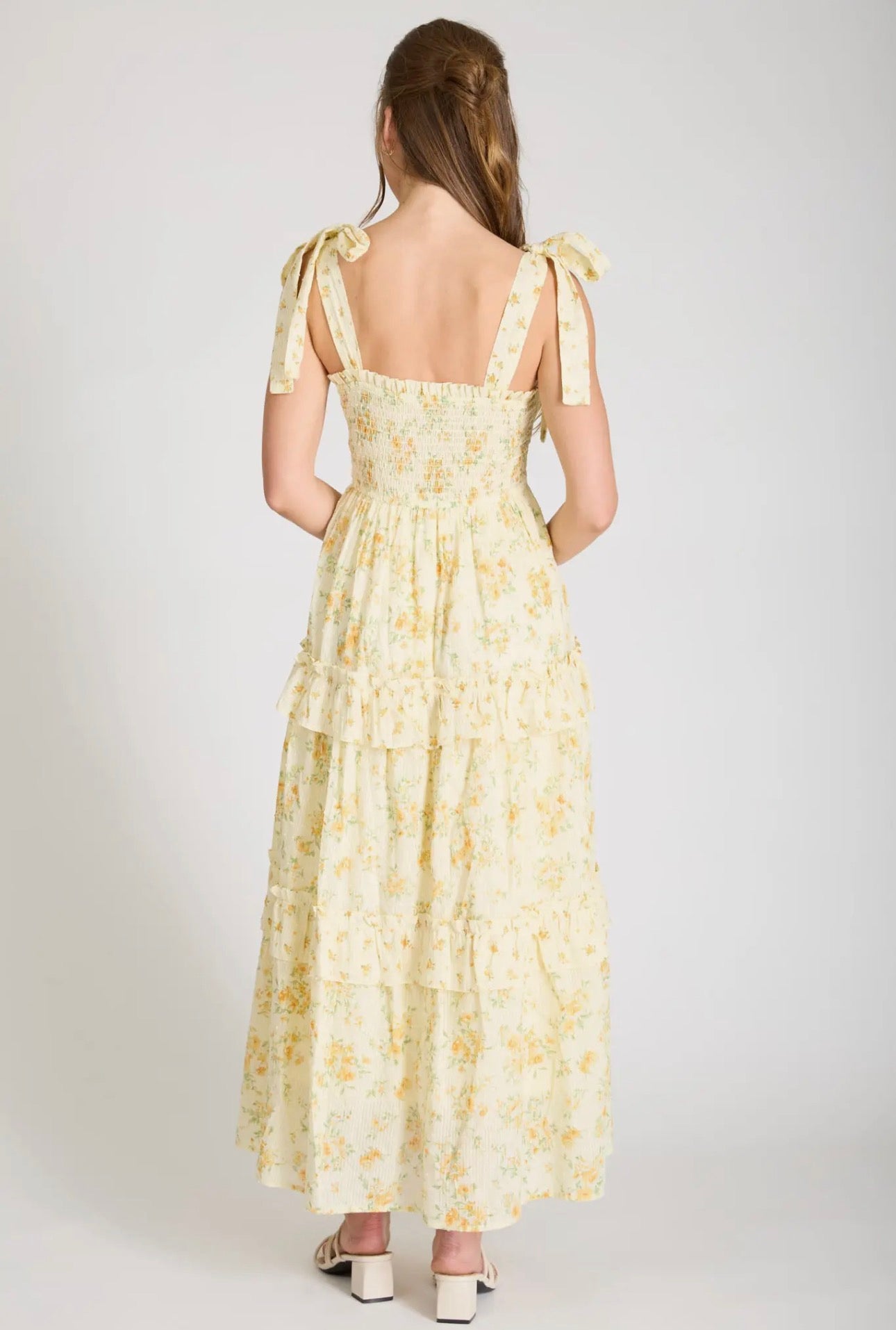 Yellow Multi-Floral Sweetheart Smocked Ruffle Detail Midi Dress