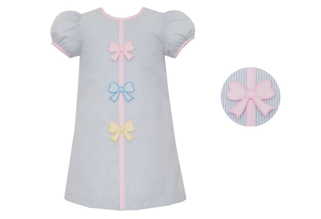 PASTEL BOWS- Lt. blue seersucker A line dress w/ round neck