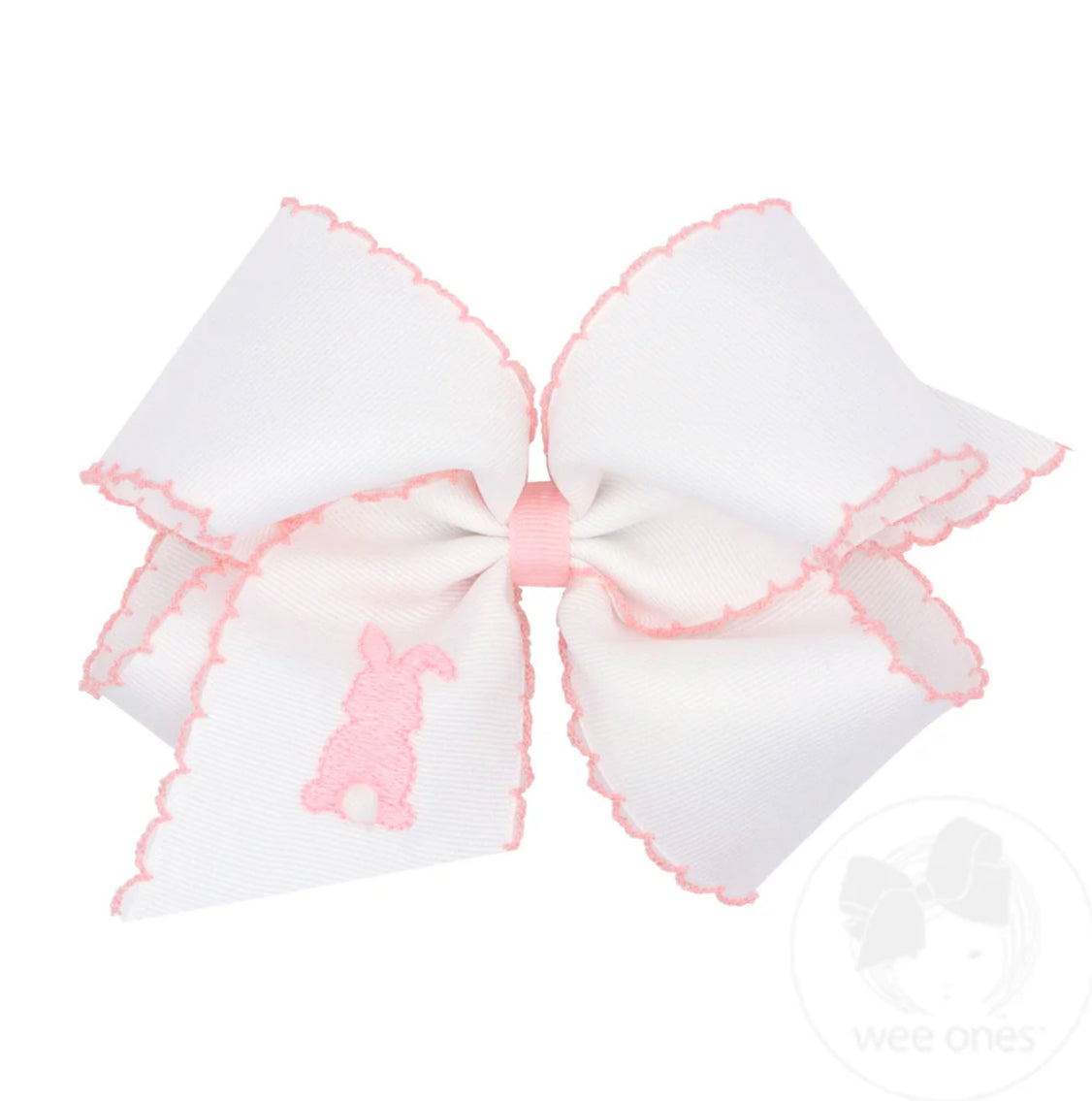 King White Grosgrain Girls Hair Bow with Moonstitch Edge and Easter Embroidery