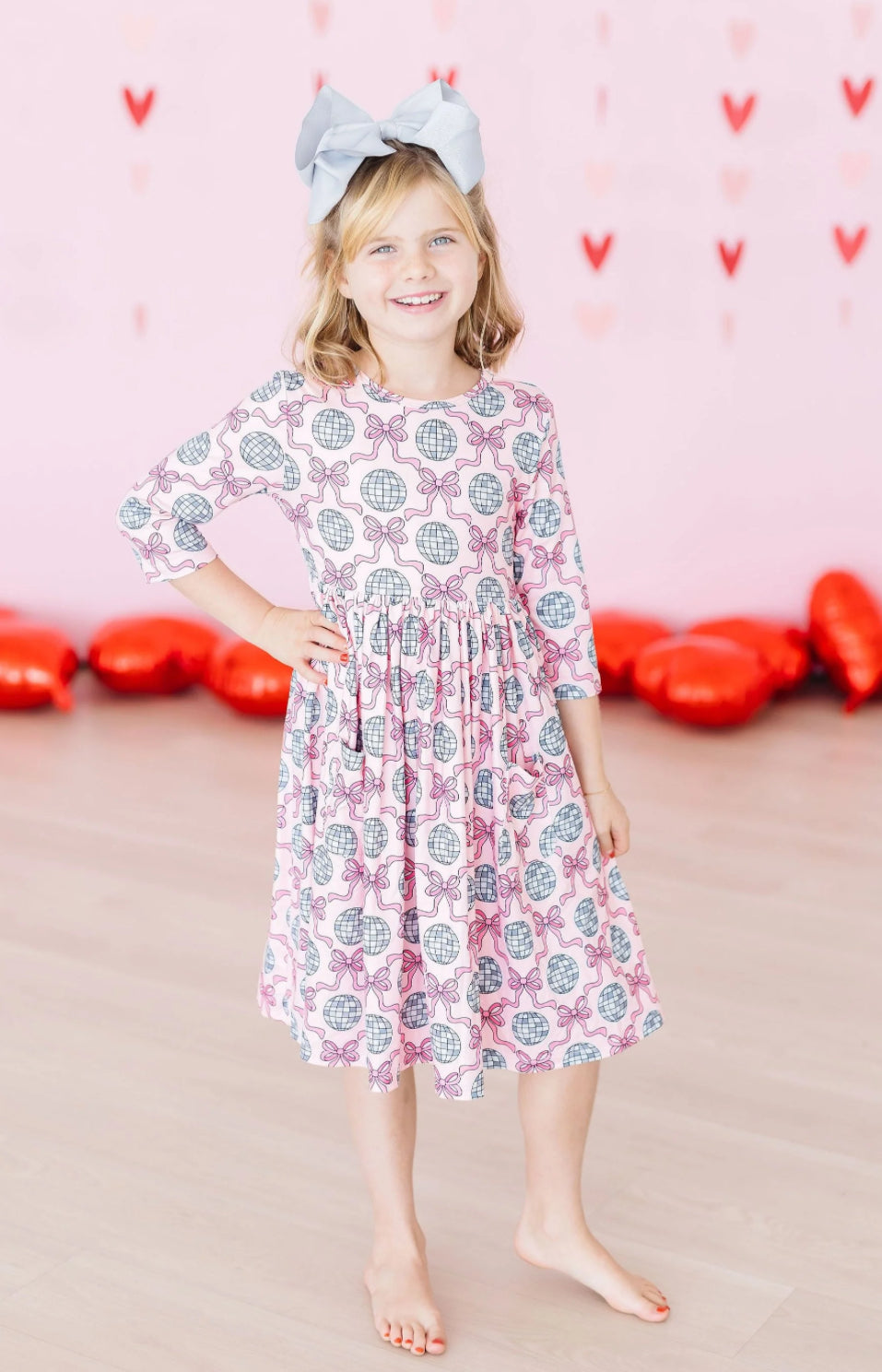 Disco Bows 3/4 Sleeve Twirl Dress