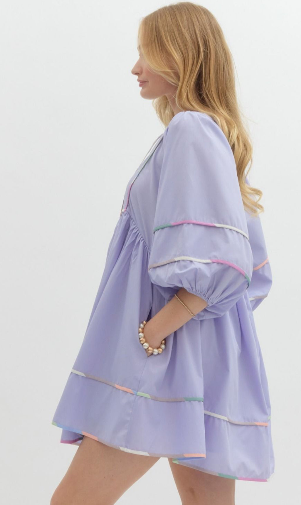 Periwinkle Solid Split V-Neck Mini Dress, Accented Multicolor Binding Over Seems. Pockets.