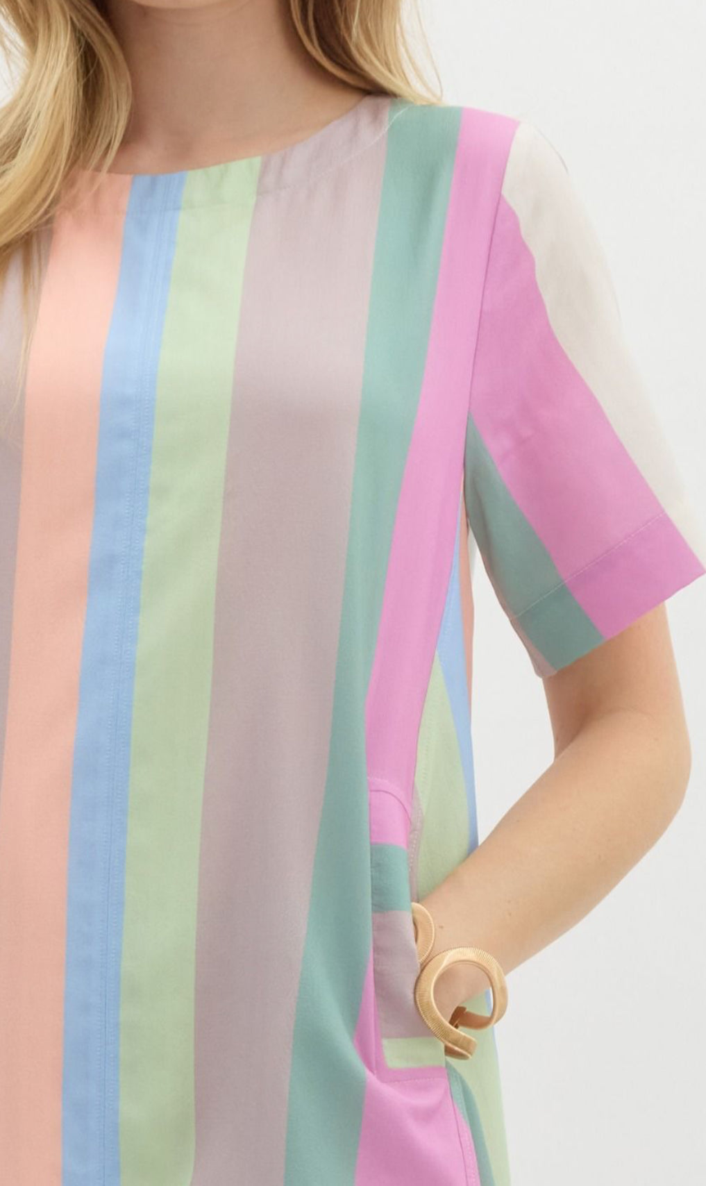 Pastel Multicolored Striped Round Neck Mini Swing Dress . With Pockets.