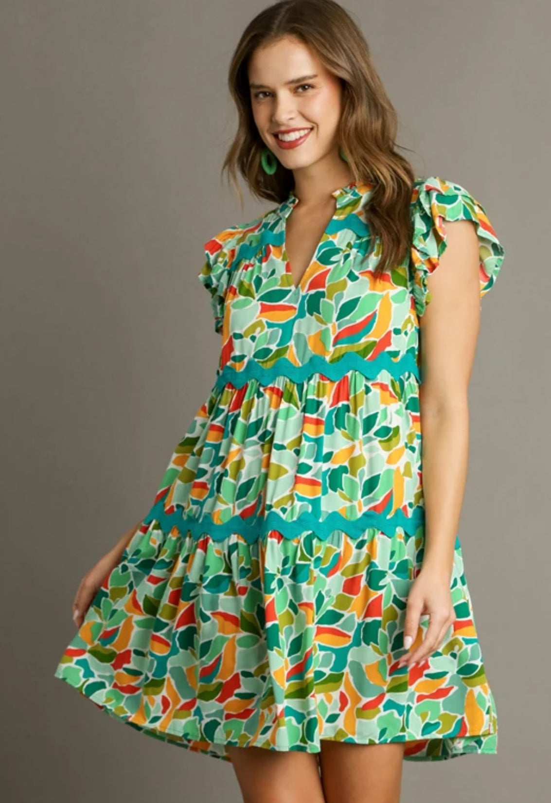 Green Abstract Print Tiered Split Ruffle Neck Dress with Ric Rac Trim