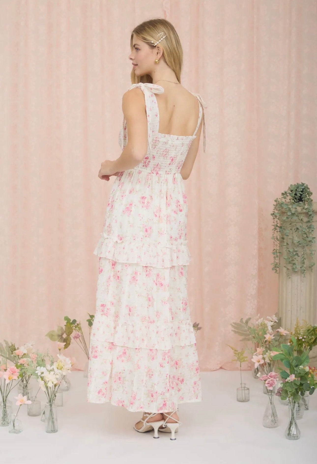 Pink Multi- Floral Sweetheart Smocked Ruffle Detail Midi Dress