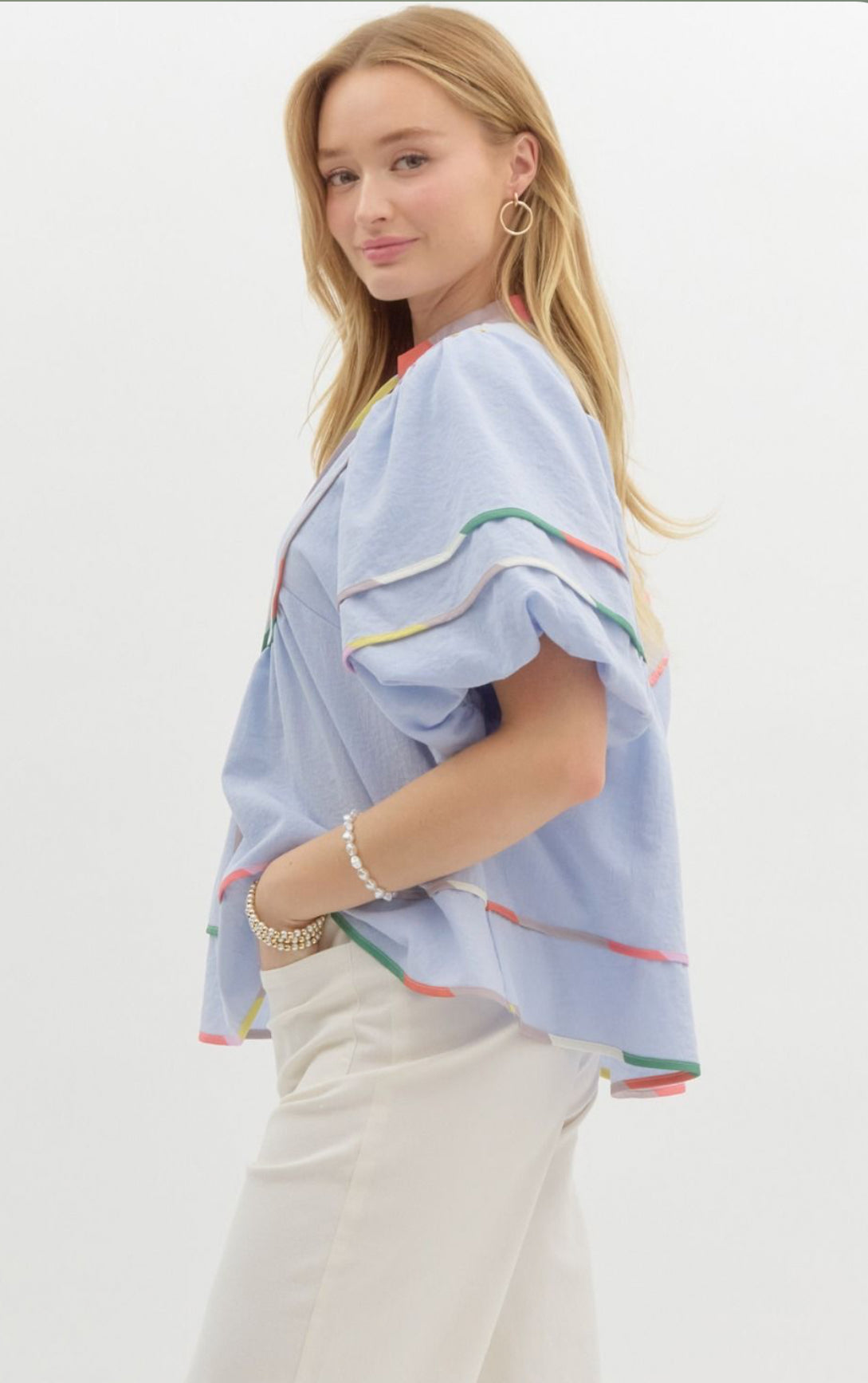Blue Solid Short Puff Sleeve V-Neck Top, Contrasting Multi-colored Trim Detail, Self-tie detail at neckline