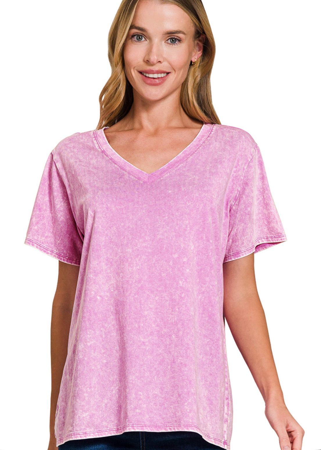 Bright Mauve-WASHED SHORT SLEEVE V-NECK TOP
