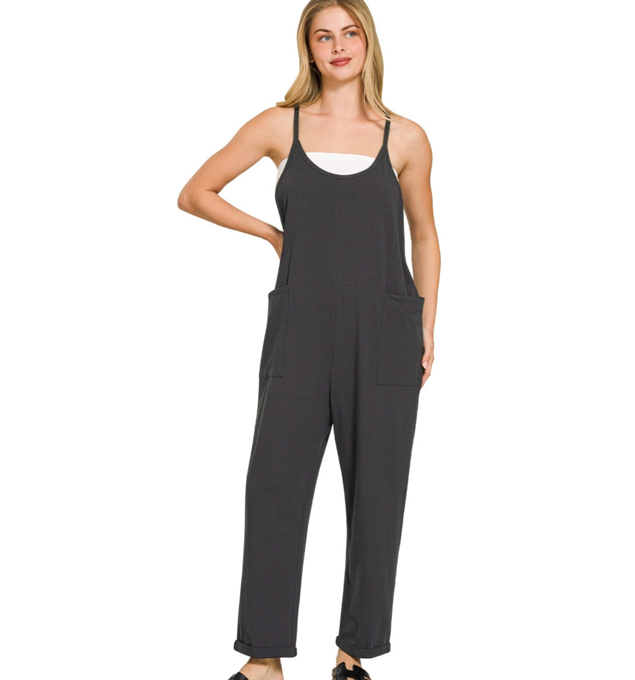 Black-SPAGHETTI STRAP POCKETED JUMPSUIT