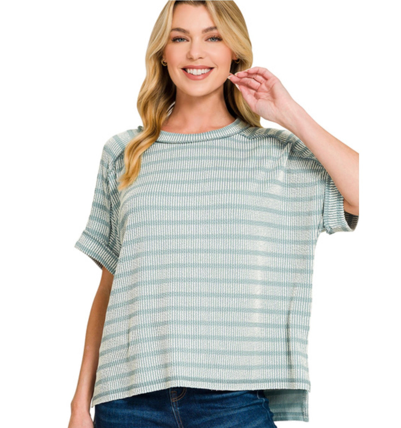 Ash Jade-RAISED RIB STRIPED EXPOSED SEAM TOP