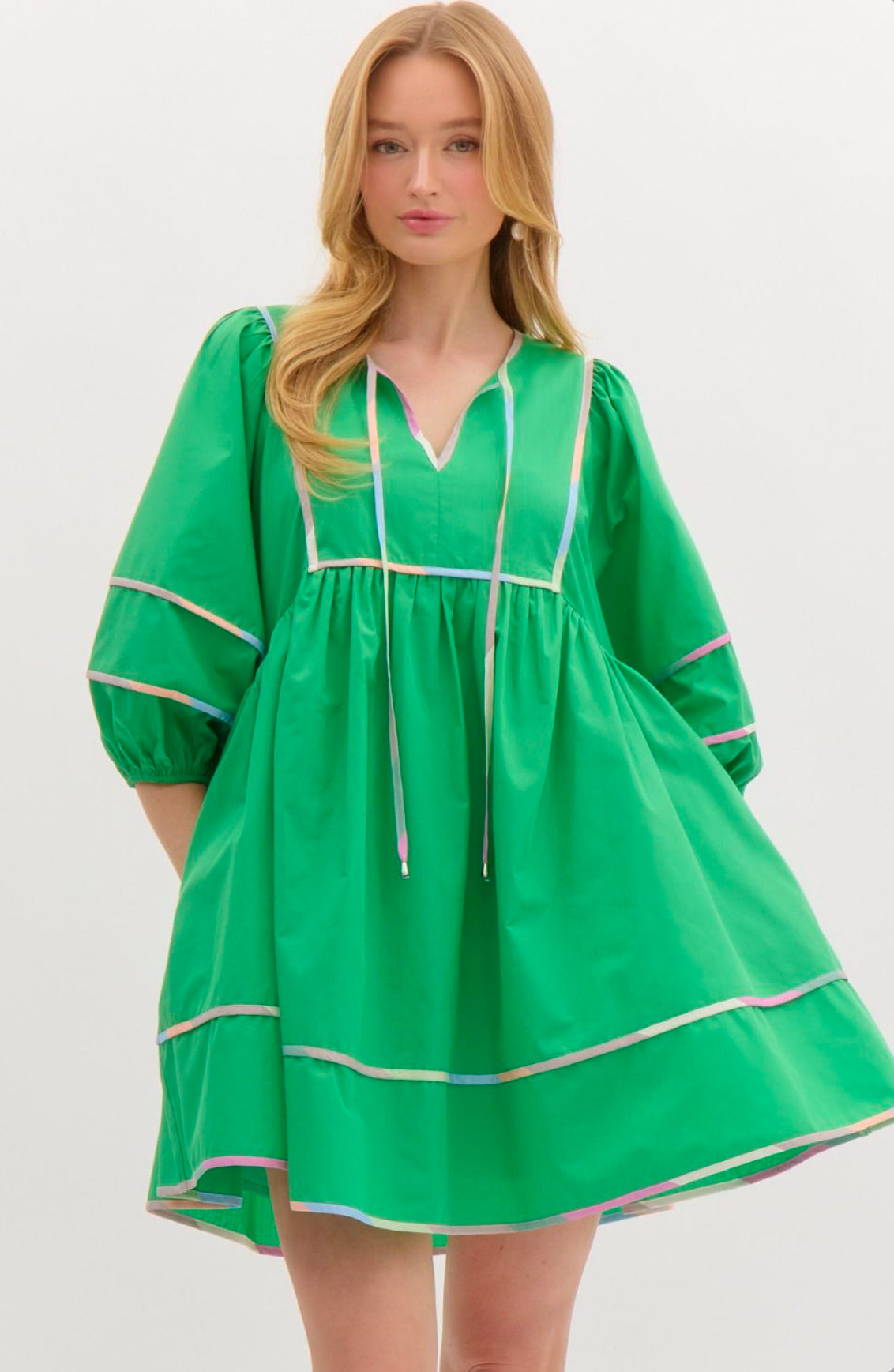 Green Solid Split V-Neck Mini Dress, Accented Multicolor Binding Over Seems. Pockets.