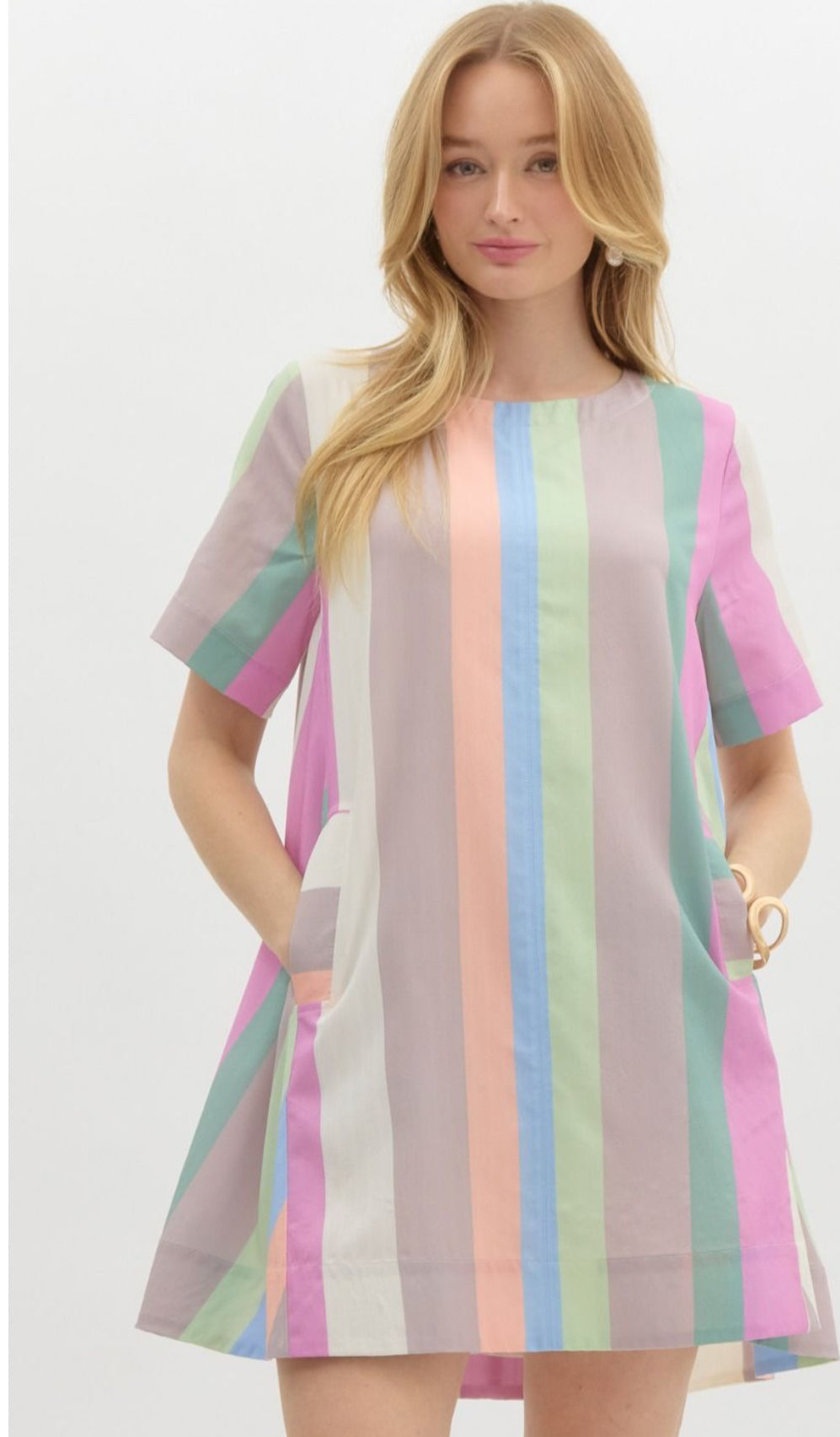 Pastel Multicolored Striped Round Neck Mini Swing Dress . With Pockets.