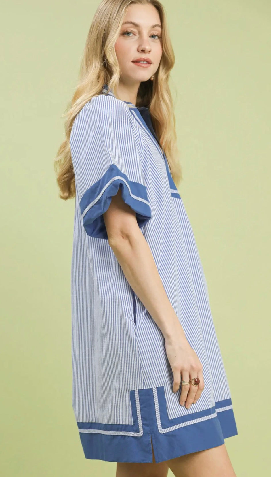 Blue- Striped Mixed V-Neck Mini Dress