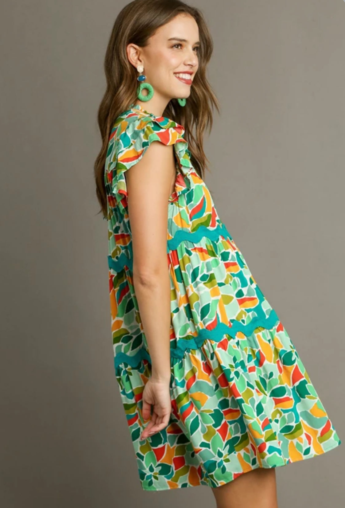Green Abstract Print Tiered Split Ruffle Neck Dress with Ric Rac Trim