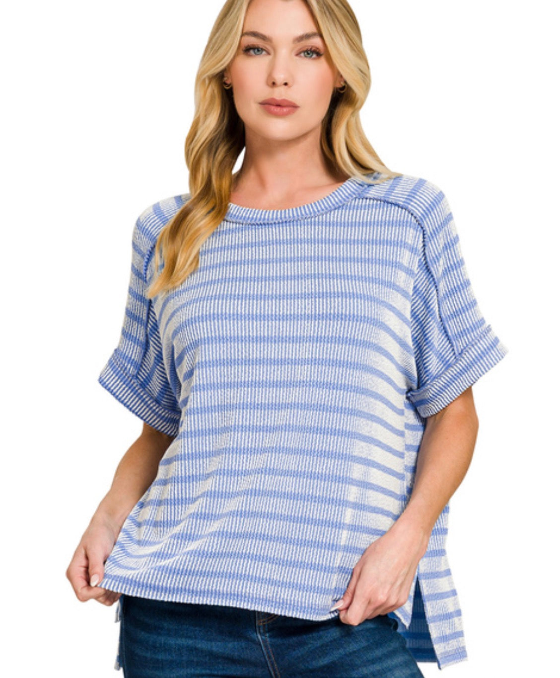 Cornflower Blue- RAISED RIB STRIPED EXPOSED SEAM TOP