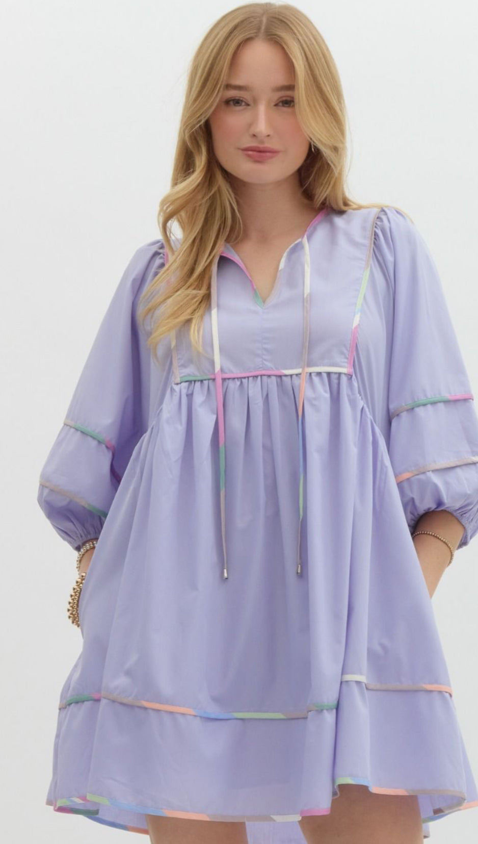 Periwinkle Solid Split V-Neck Mini Dress, Accented Multicolor Binding Over Seems. Pockets.