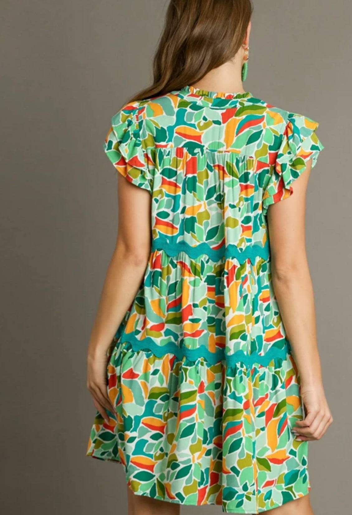 Green Abstract Print Tiered Split Ruffle Neck Dress with Ric Rac Trim