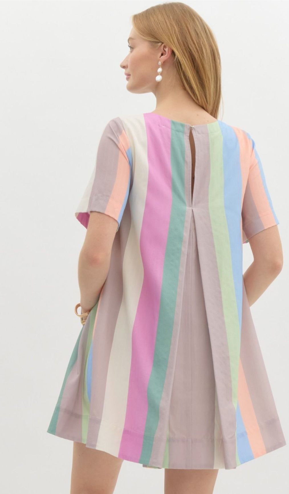 Pastel Multicolored Striped Round Neck Mini Swing Dress . With Pockets.