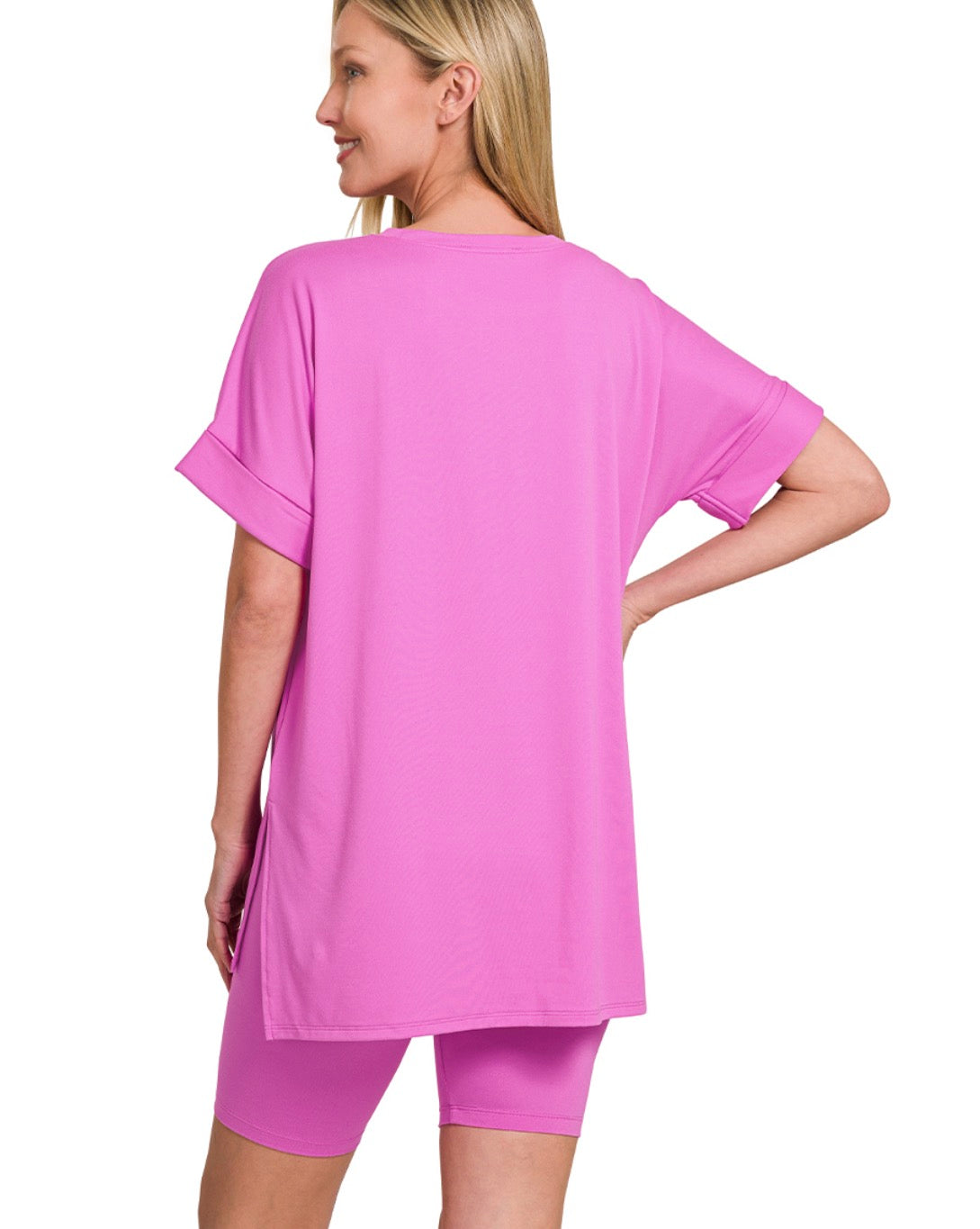 Bright Mauve- BRUSHED DTY MICROFIBER R-NECK TOP & BIKER SHORTS