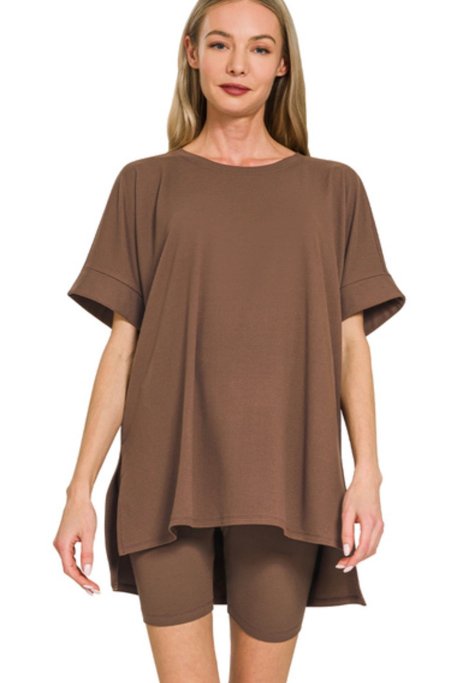 Brown- BRUSHED DTY MICROFIBER R-NECK TOP & BIKER SHORTS