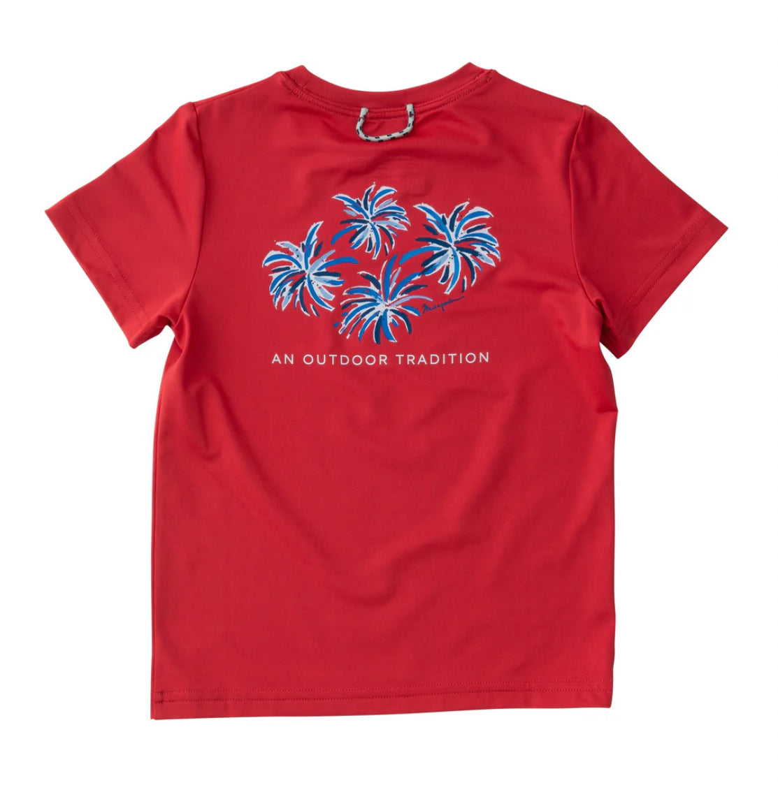 Kids Pro Performance Short Sleeve Fishing T-Shirt in Watermelon Red with Fourth of July Fireworks