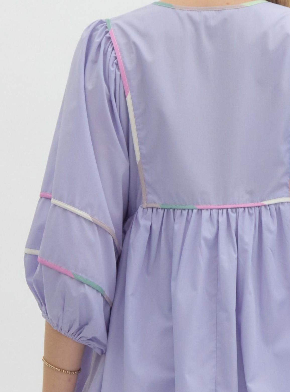 Periwinkle Solid Split V-Neck Mini Dress, Accented Multicolor Binding Over Seems. Pockets.