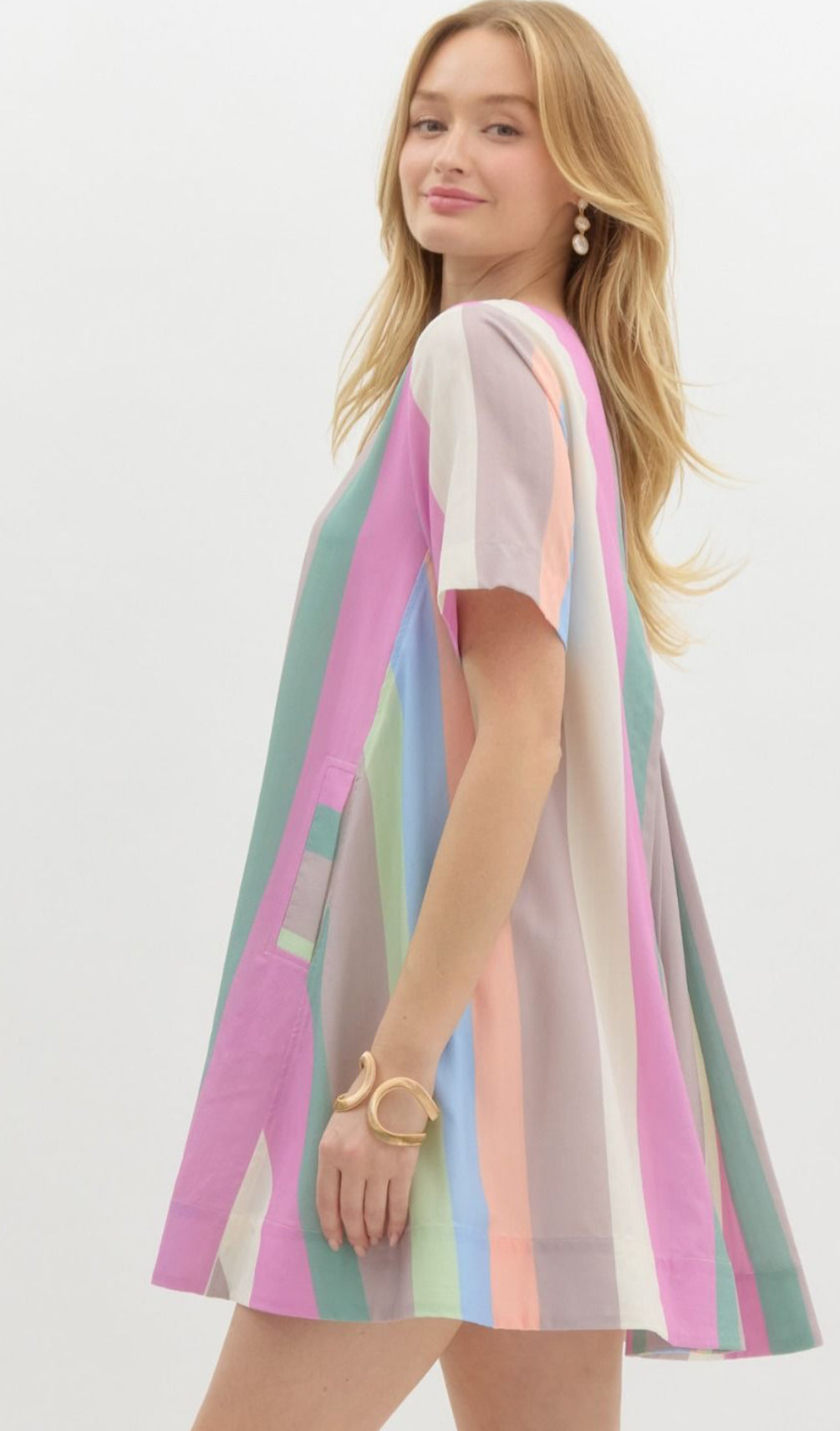 Pastel Multicolored Striped Round Neck Mini Swing Dress . With Pockets.