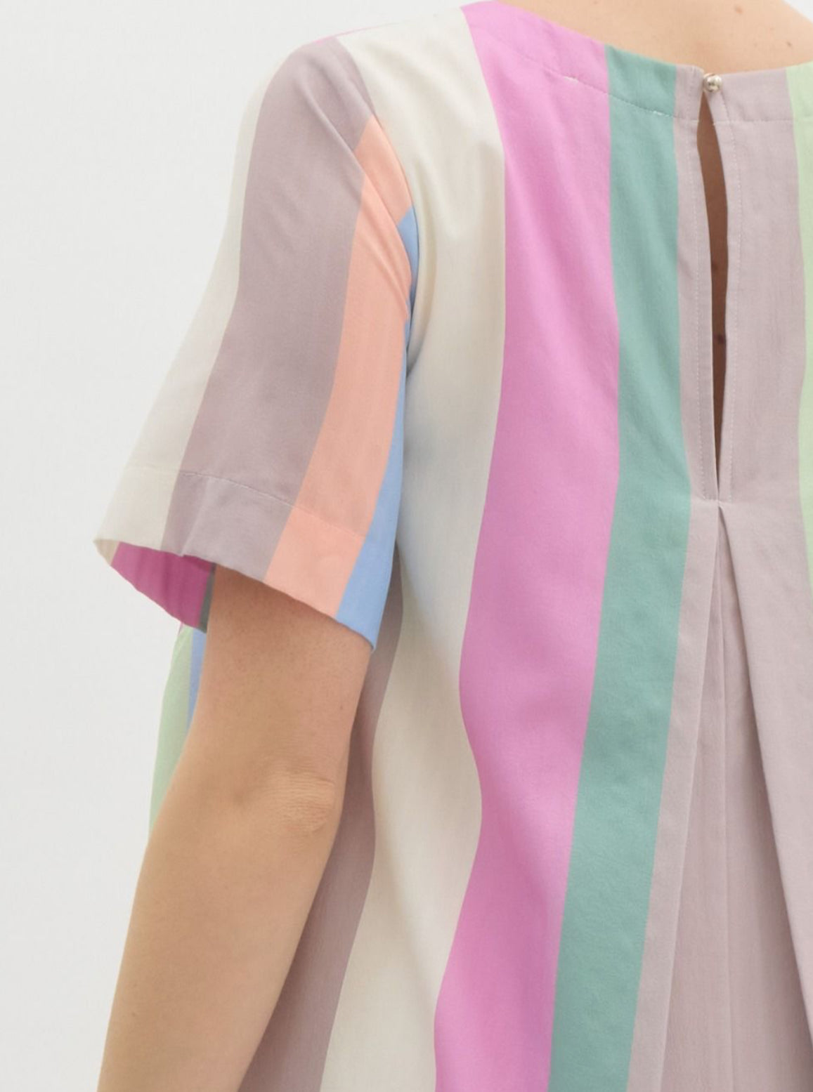 Pastel Multicolored Striped Round Neck Mini Swing Dress . With Pockets.