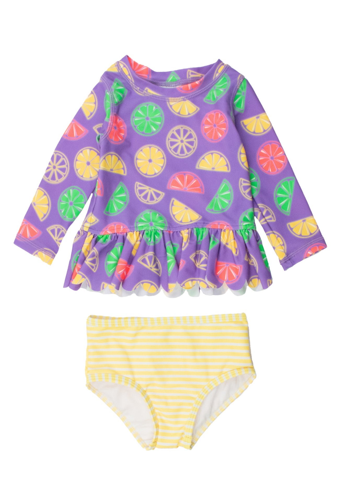 Scalloped Long Sleeve Rash Guard 2-pc- Neon Purple Citrus
