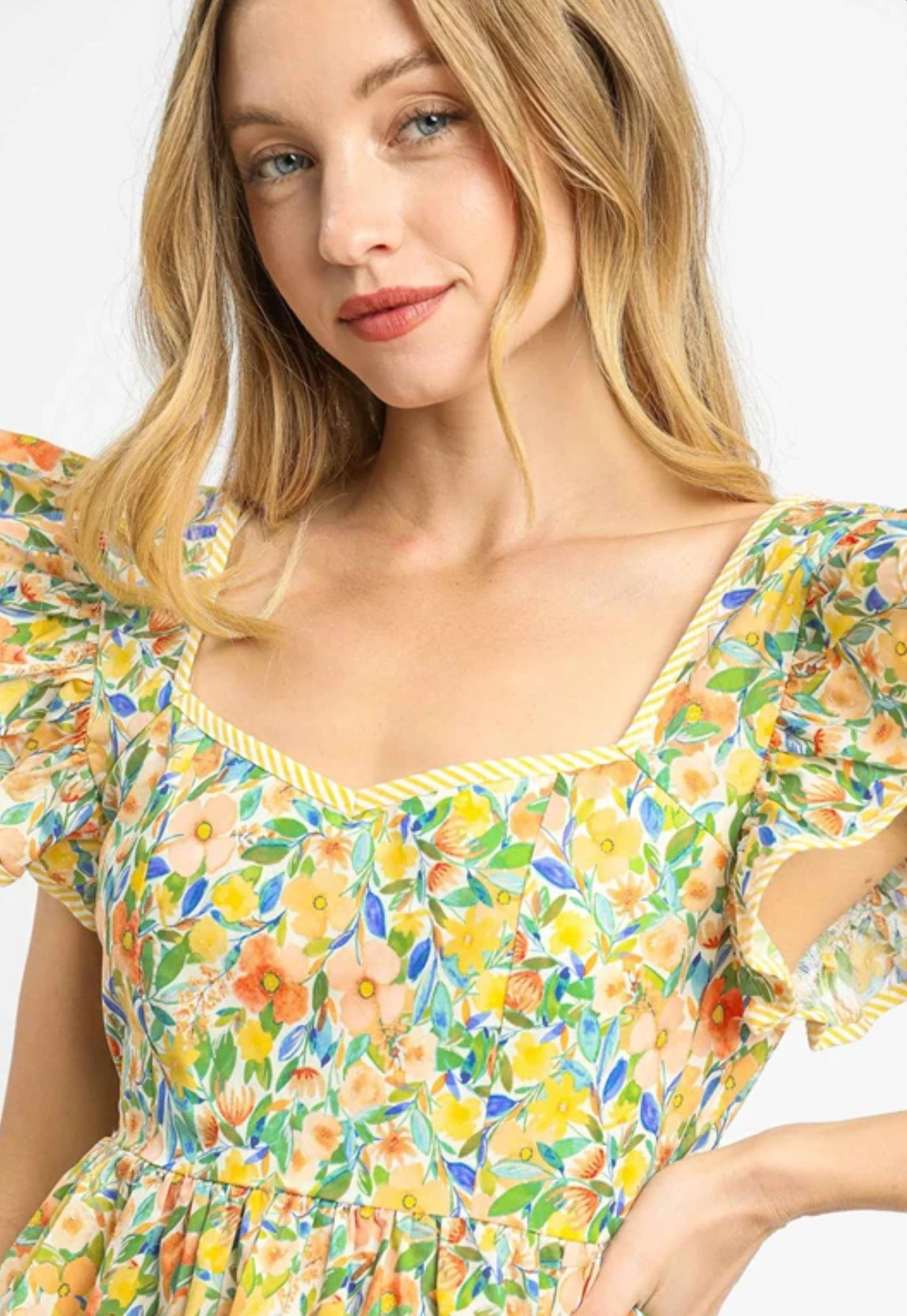 Yellow-Ruffle Sleeve Floral Peplum Top
