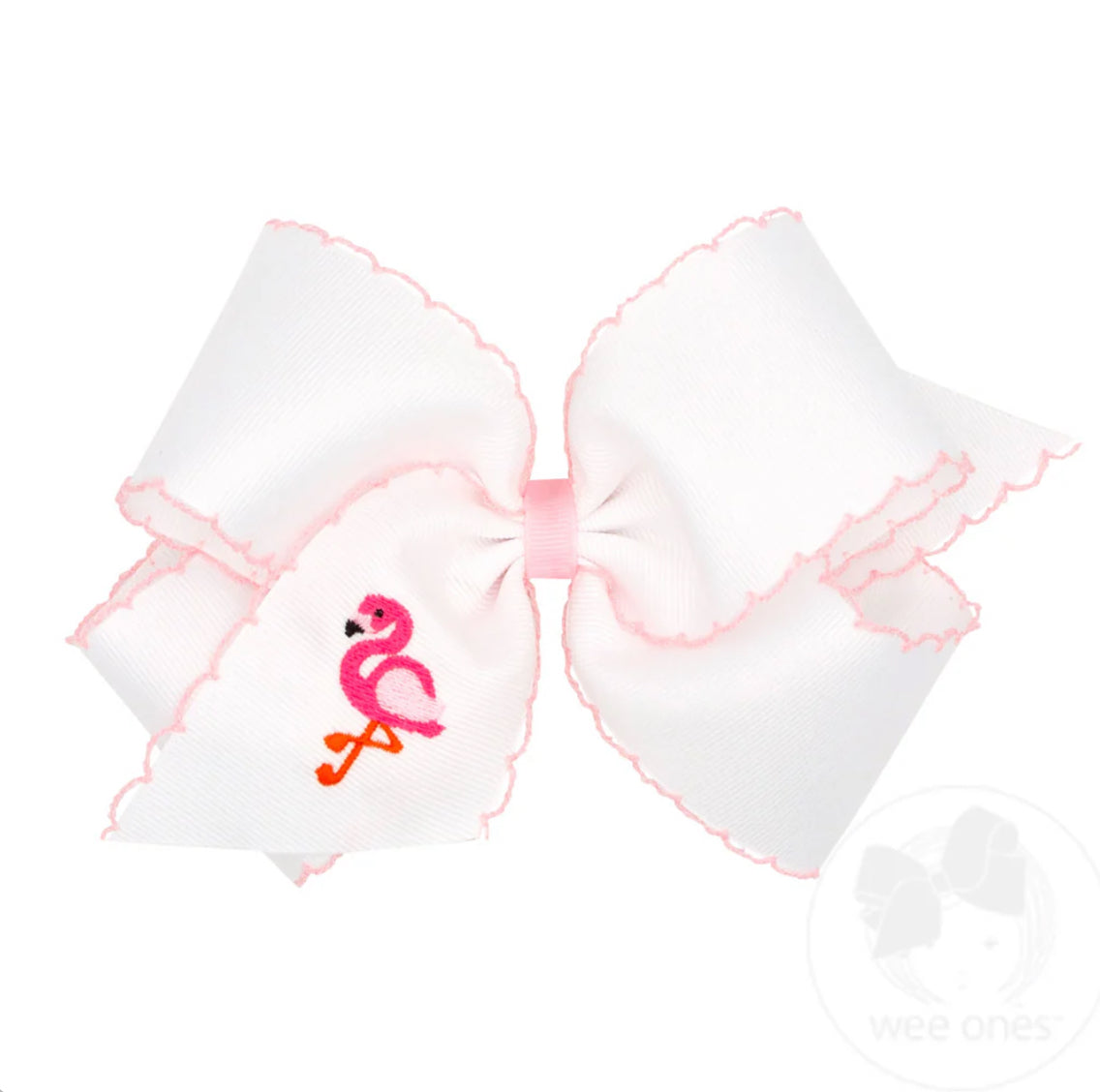 King Grosgrain Hair Bow with Moonstitch Edge and Flamingo Embroidery
