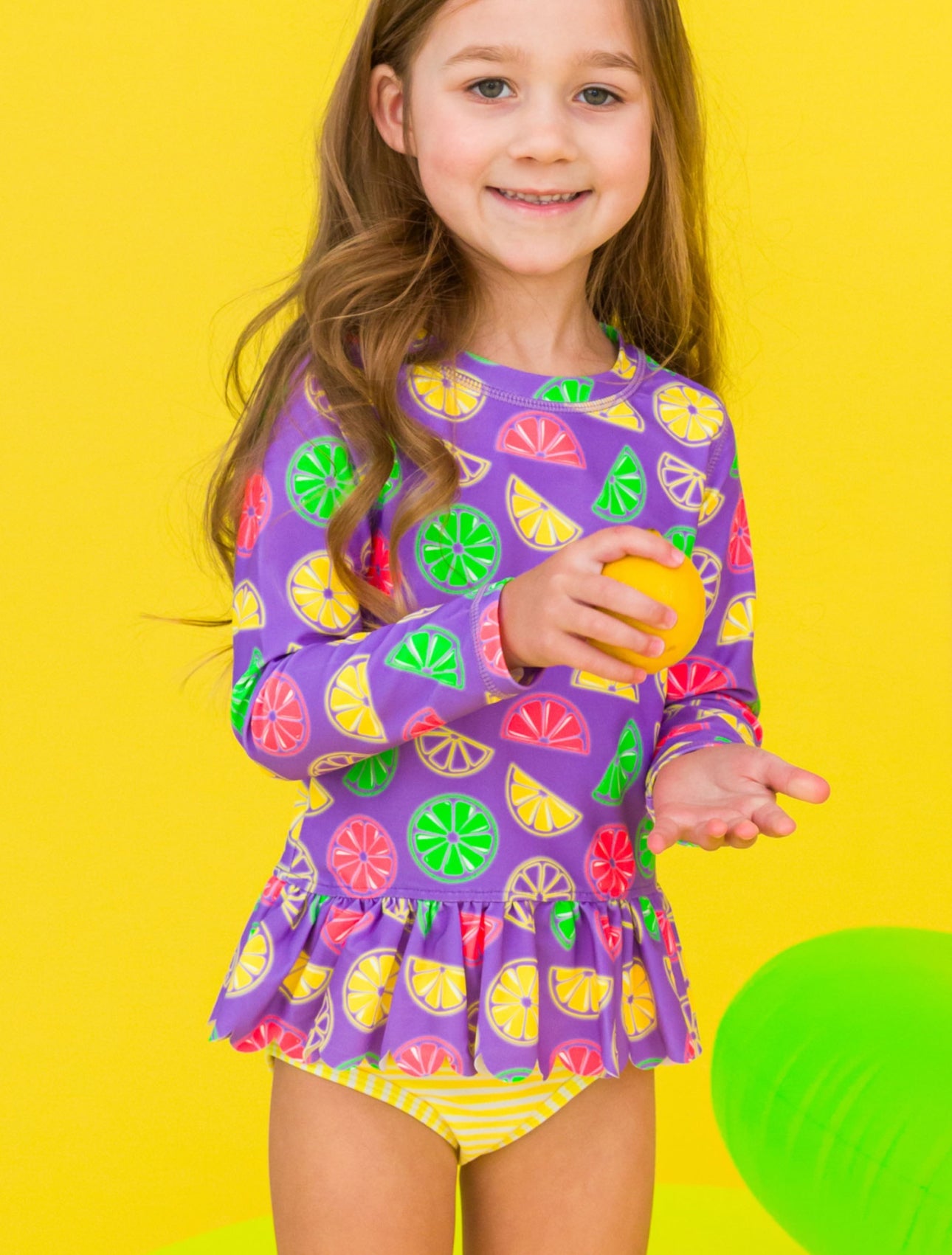 Scalloped Long Sleeve Rash Guard 2-pc- Neon Purple Citrus