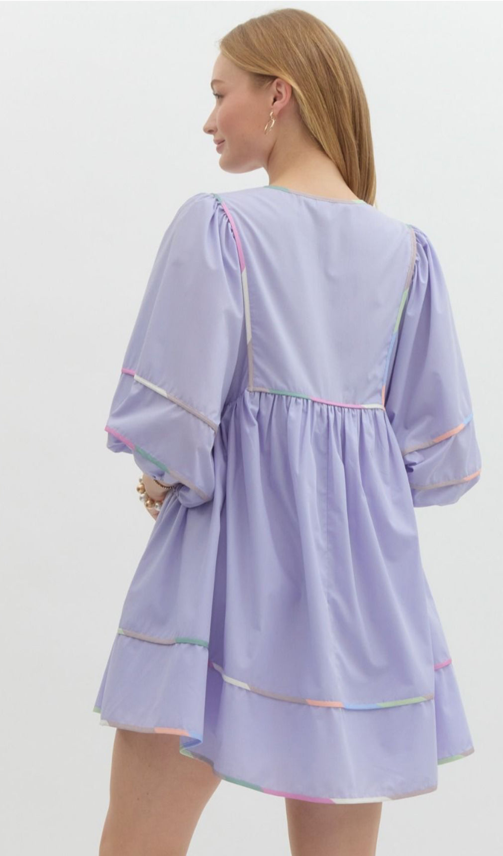 Periwinkle Solid Split V-Neck Mini Dress, Accented Multicolor Binding Over Seems. Pockets.