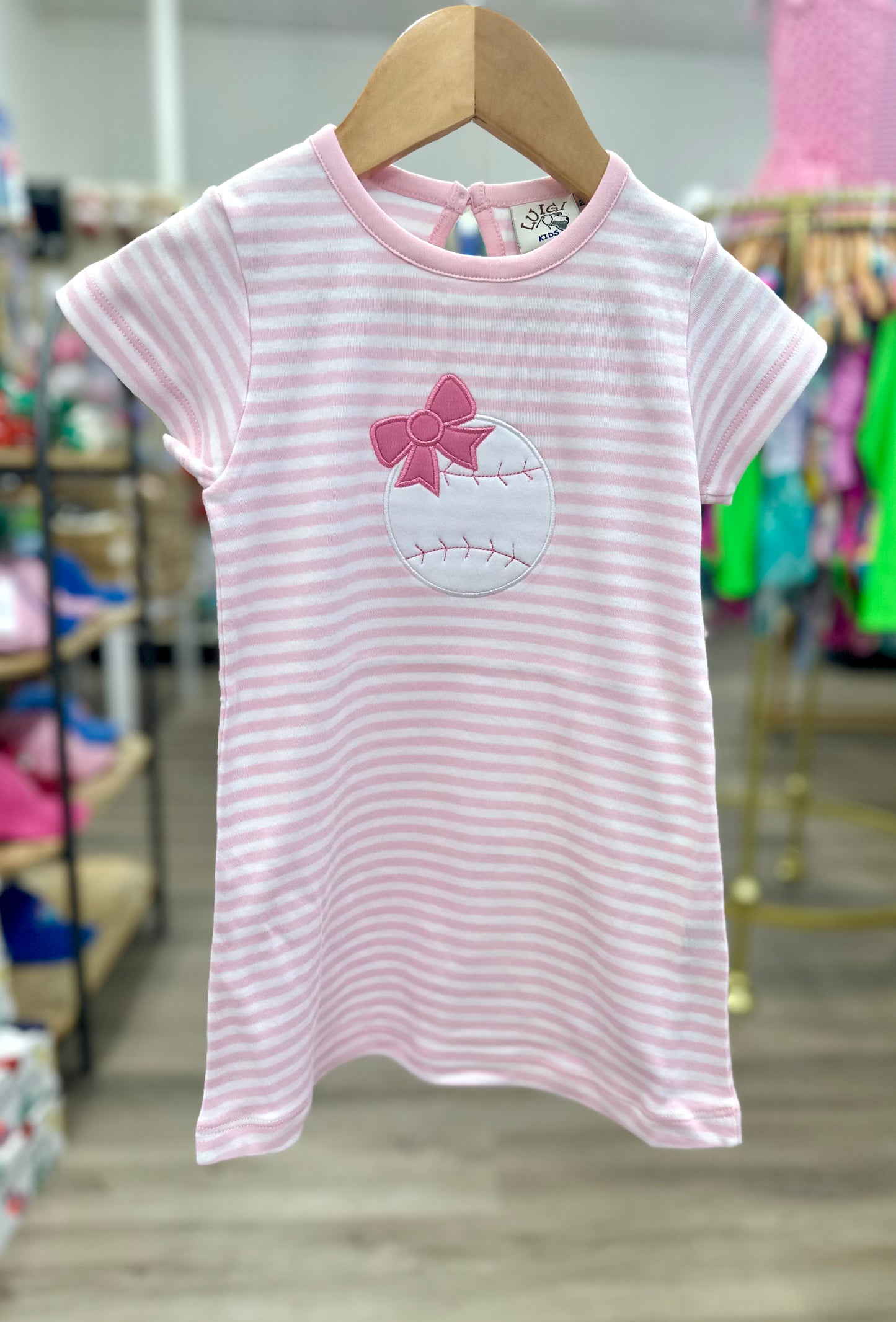 Baseball w/Bow A-Line Dress, Light Pink/White Stripe
