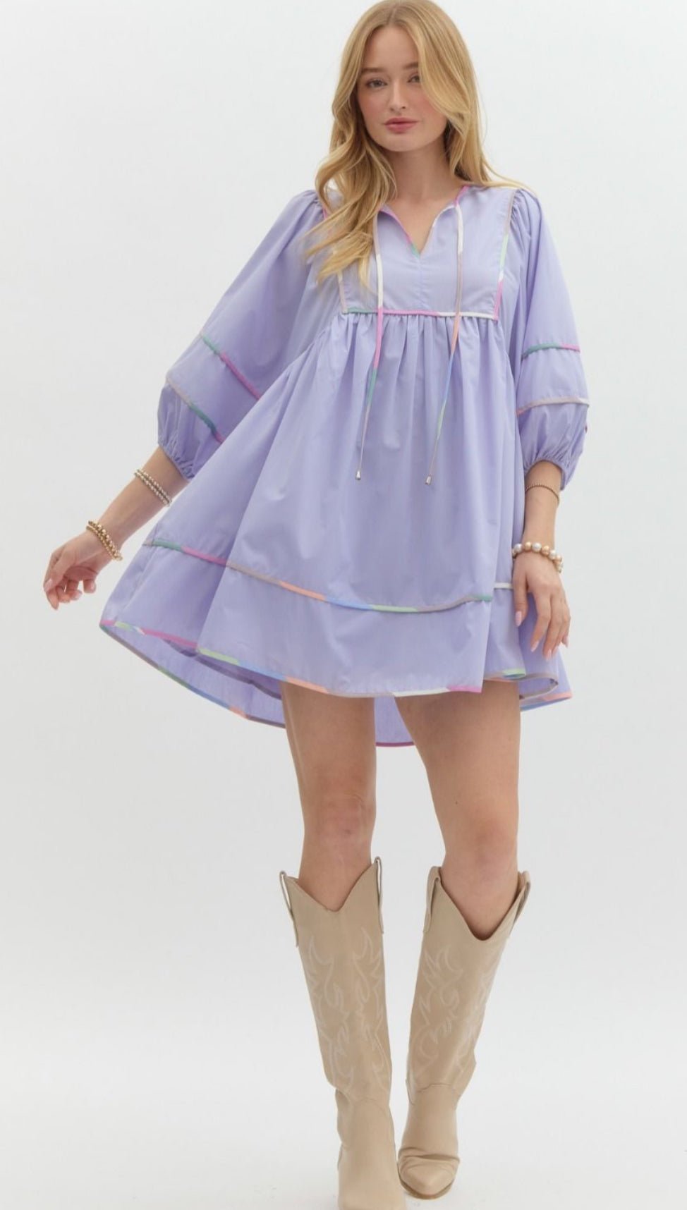 Periwinkle Solid Split V-Neck Mini Dress, Accented Multicolor Binding Over Seems. Pockets.
