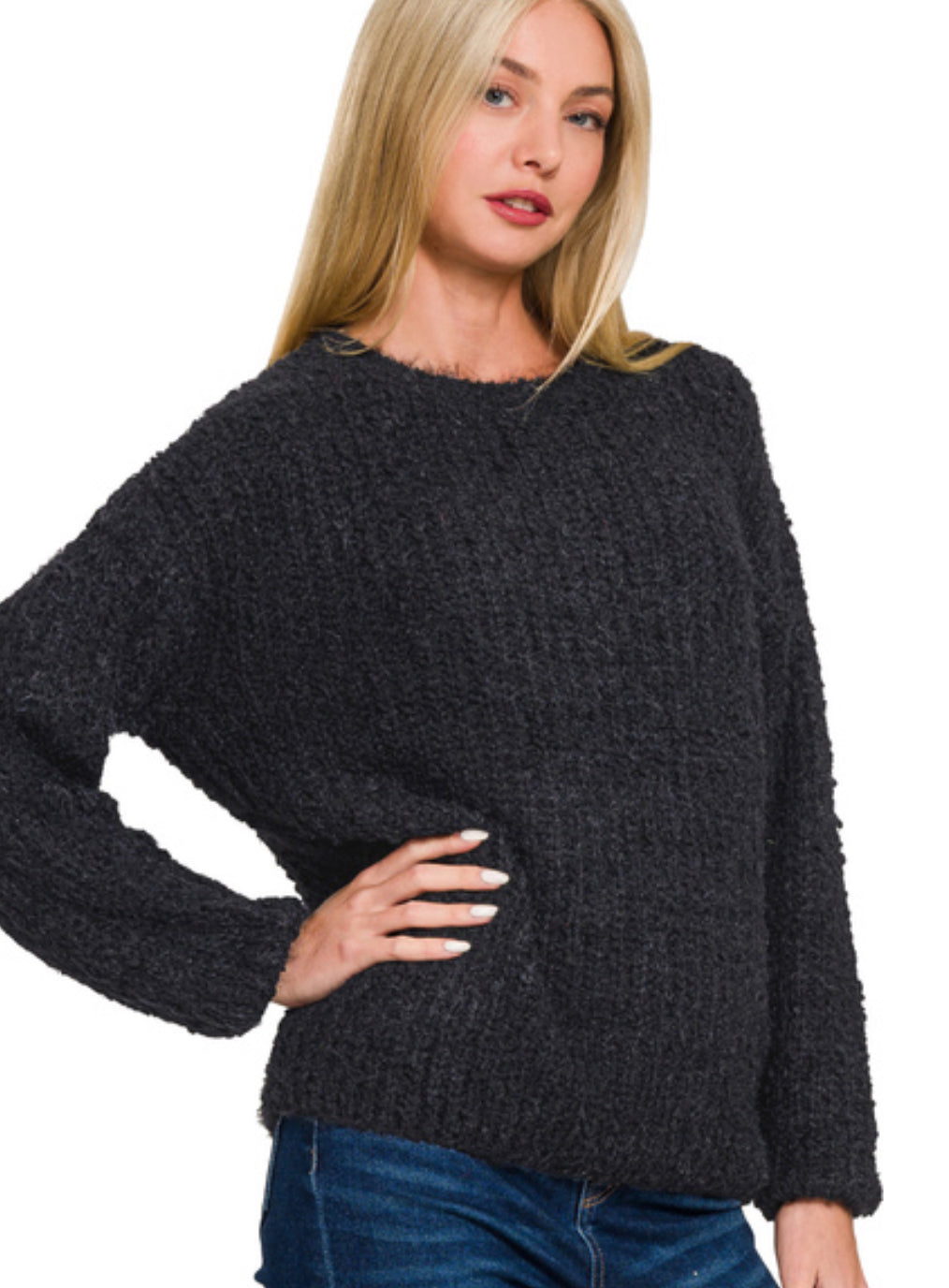 Black -Brushed Round Neck Sweater