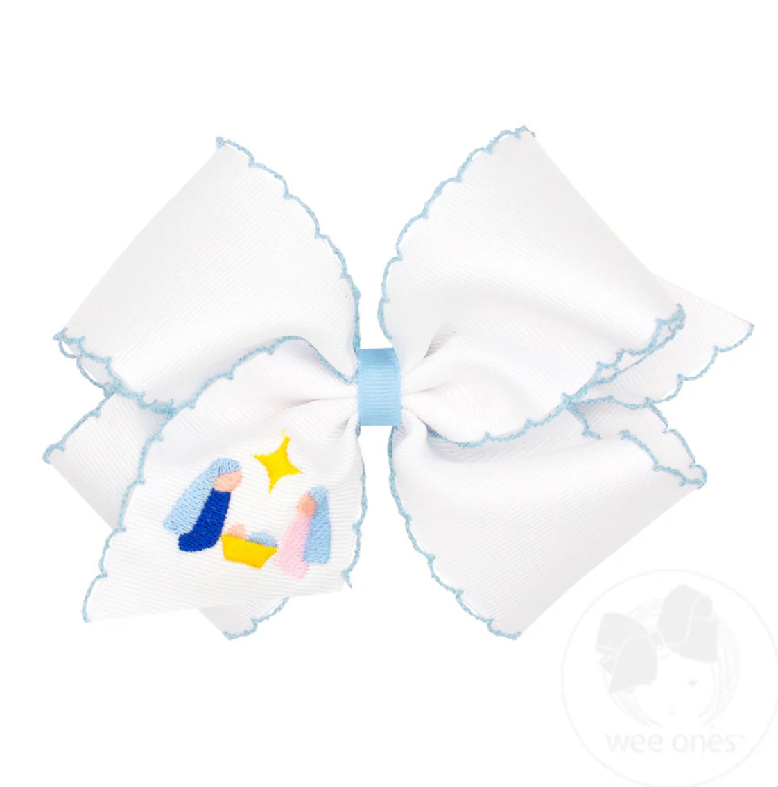 King Grosgrain Hair Bow with Moonstitched Edge and Nativity Embroidery